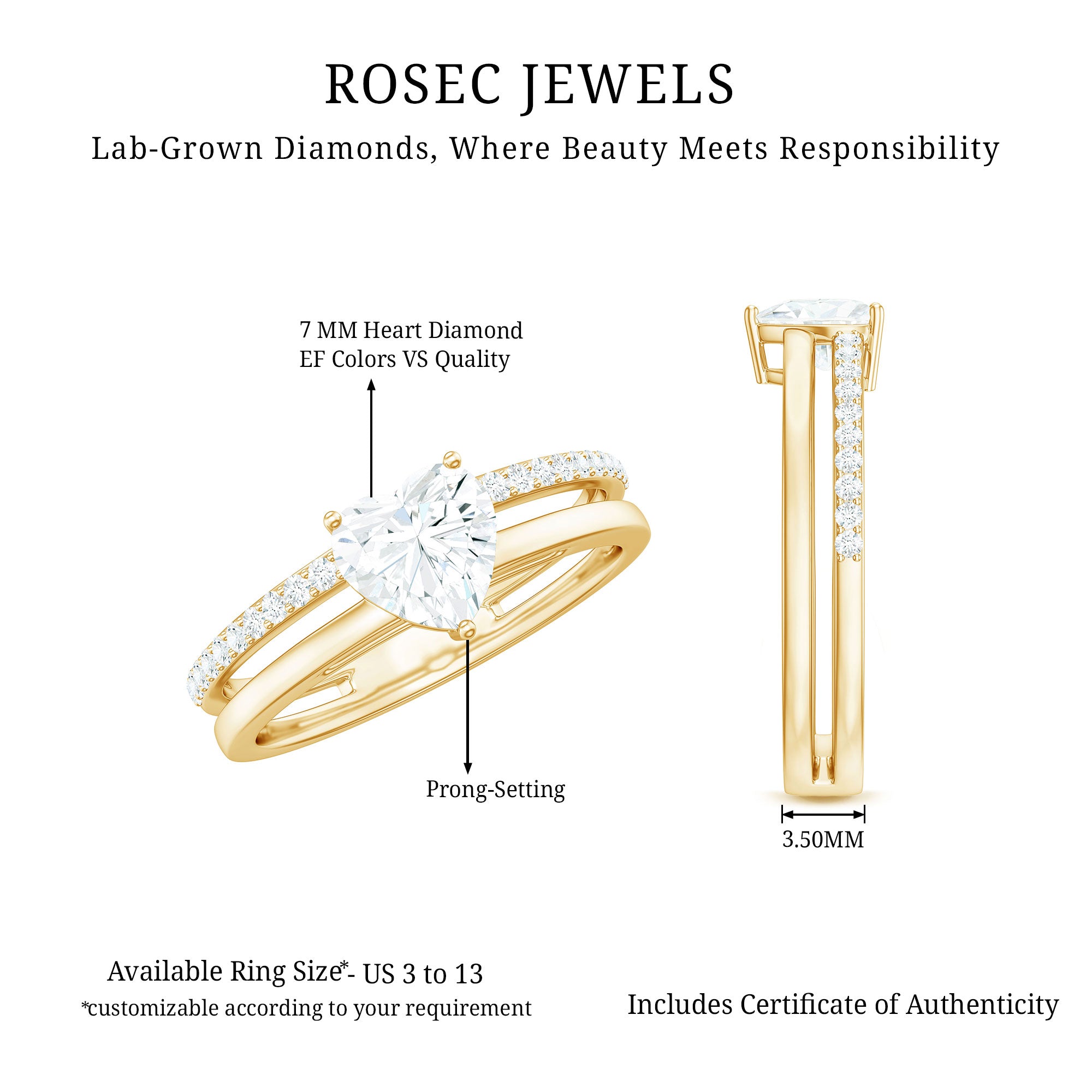Rosec Jewels-7 MM Heart Shape Lab Grown Diamond Double Band Solitaire Ring