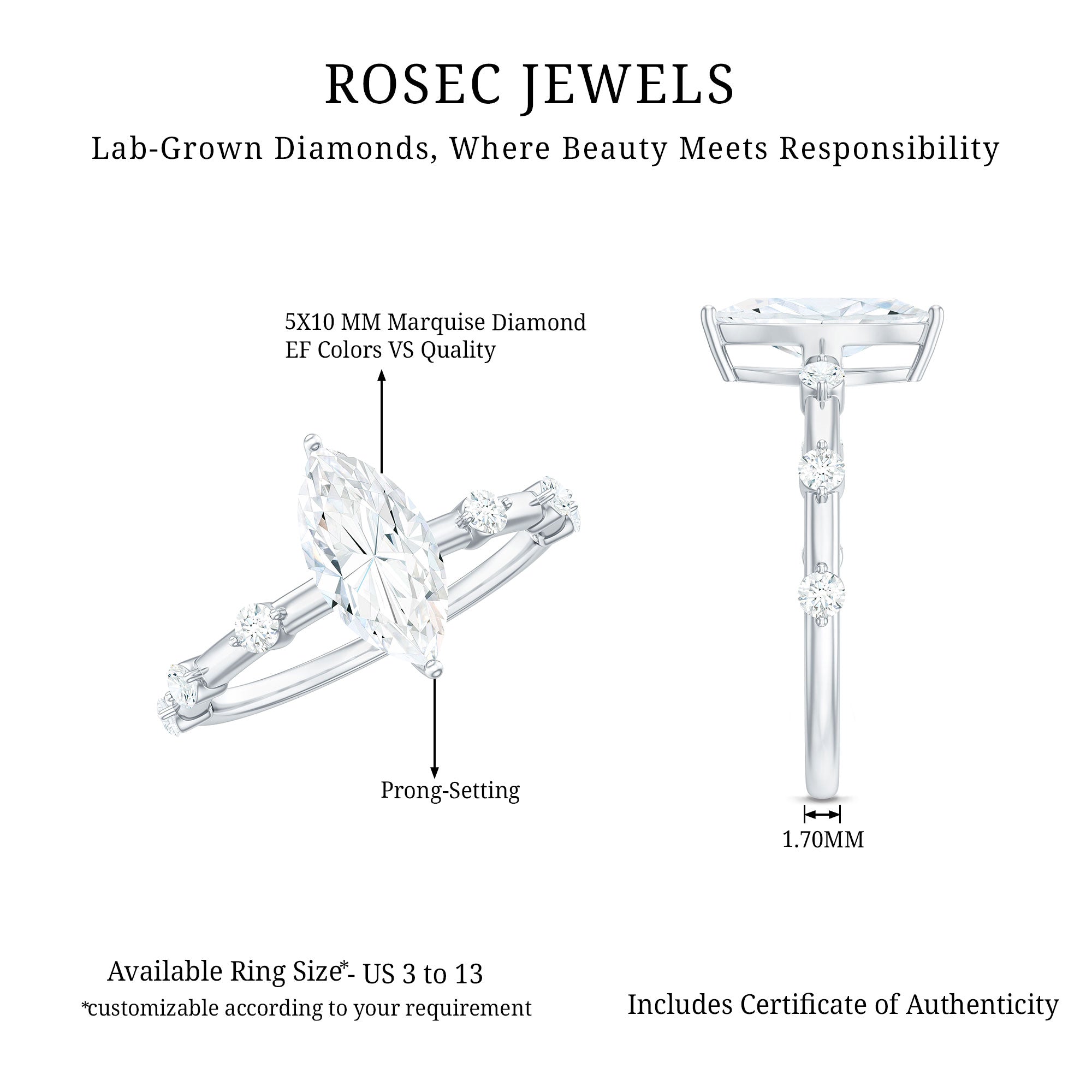 Rosec Jewels-Marquise Shape Lab Grown Diamond Solitaire Ring With Certificate