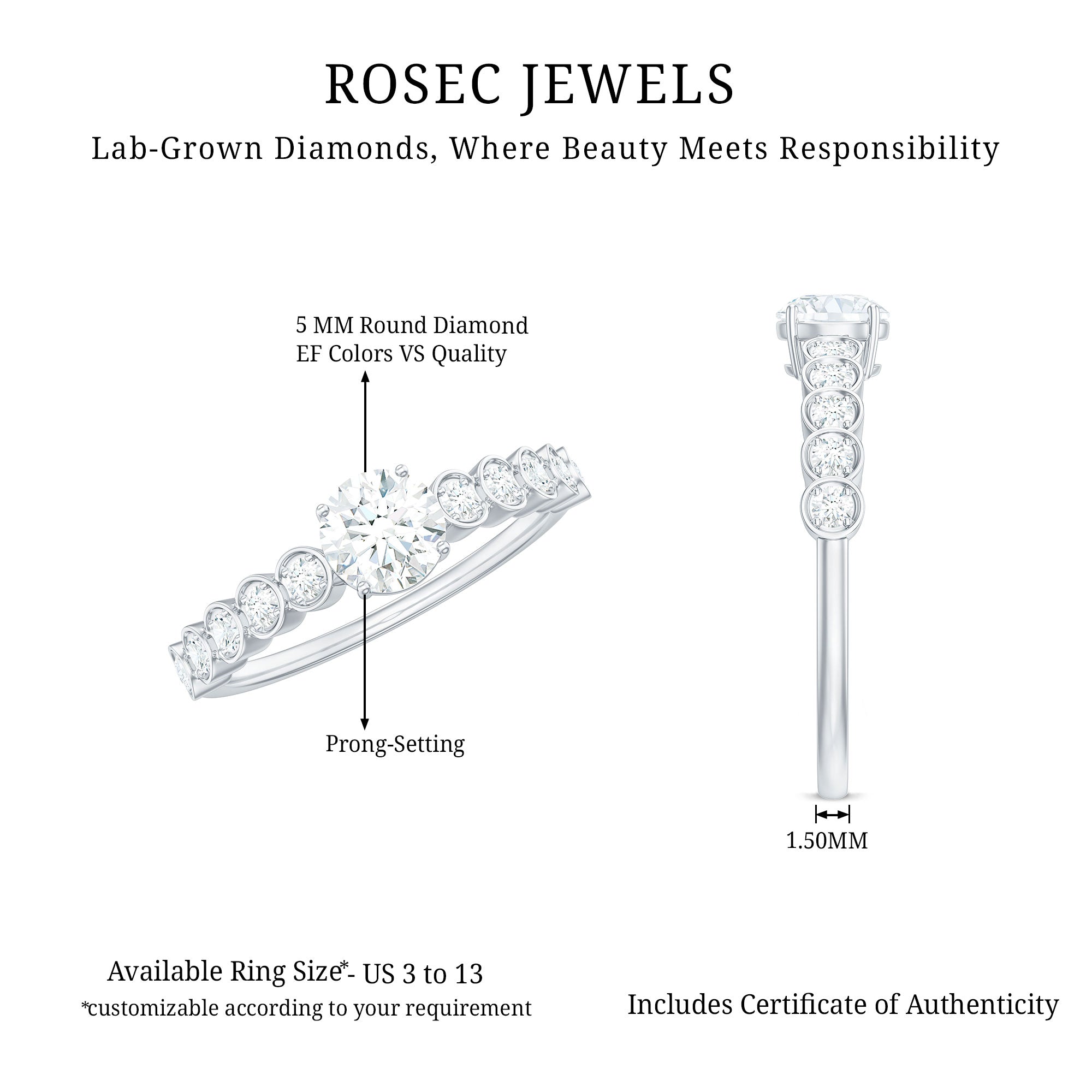 Rosec Jewels-Round Brilliant Cut Lab Diamond Promise Ring with Side Stones