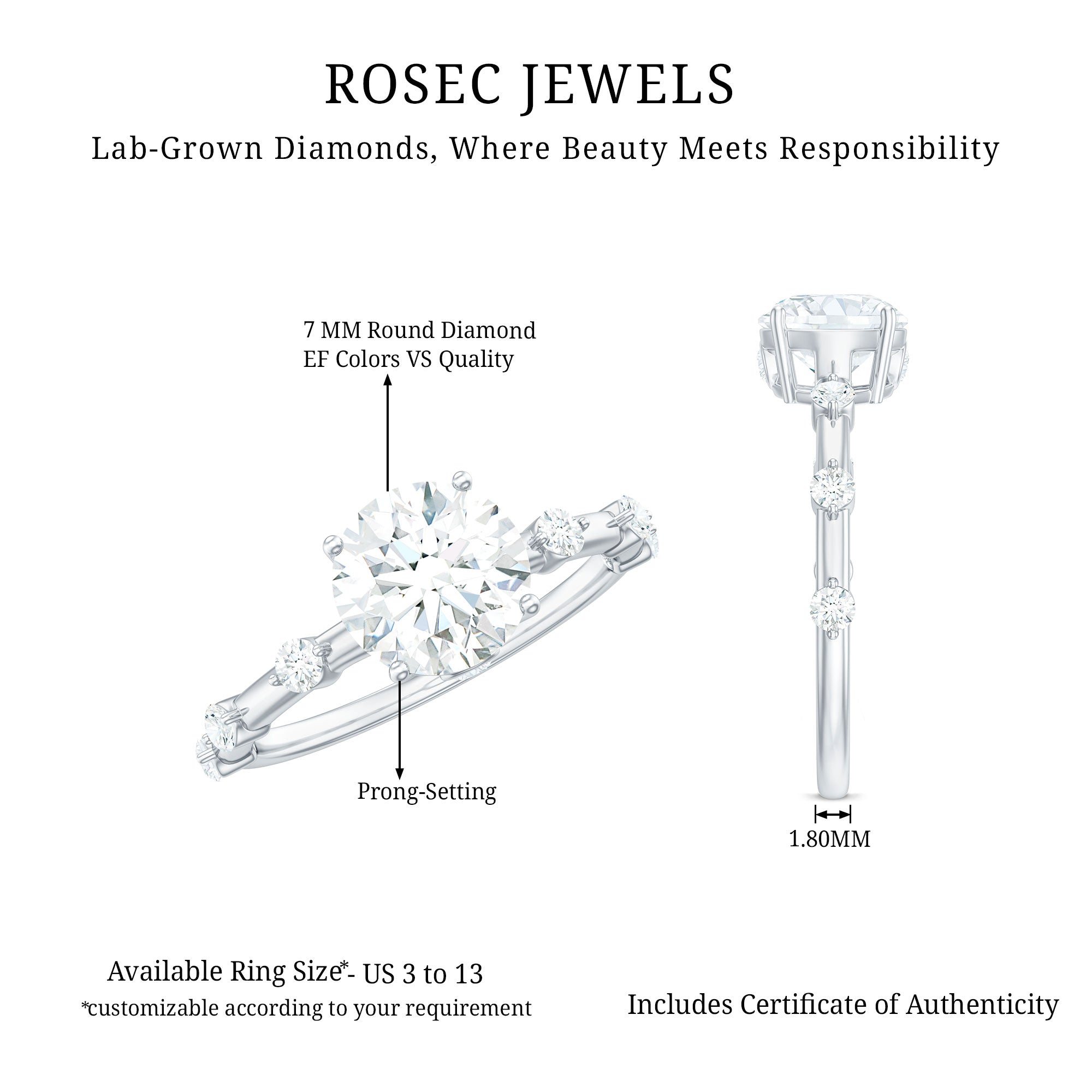 Rosec Jewels-Round Brilliant Cut Lab Grown Diamond Traditional Engagement Ring