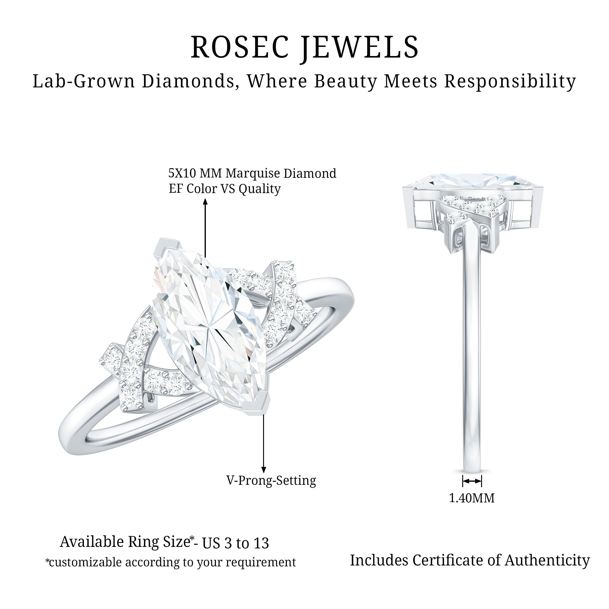 Rosec Jewels-Lab Grown Diamond 5X10 MM Marquise Engagement Ring