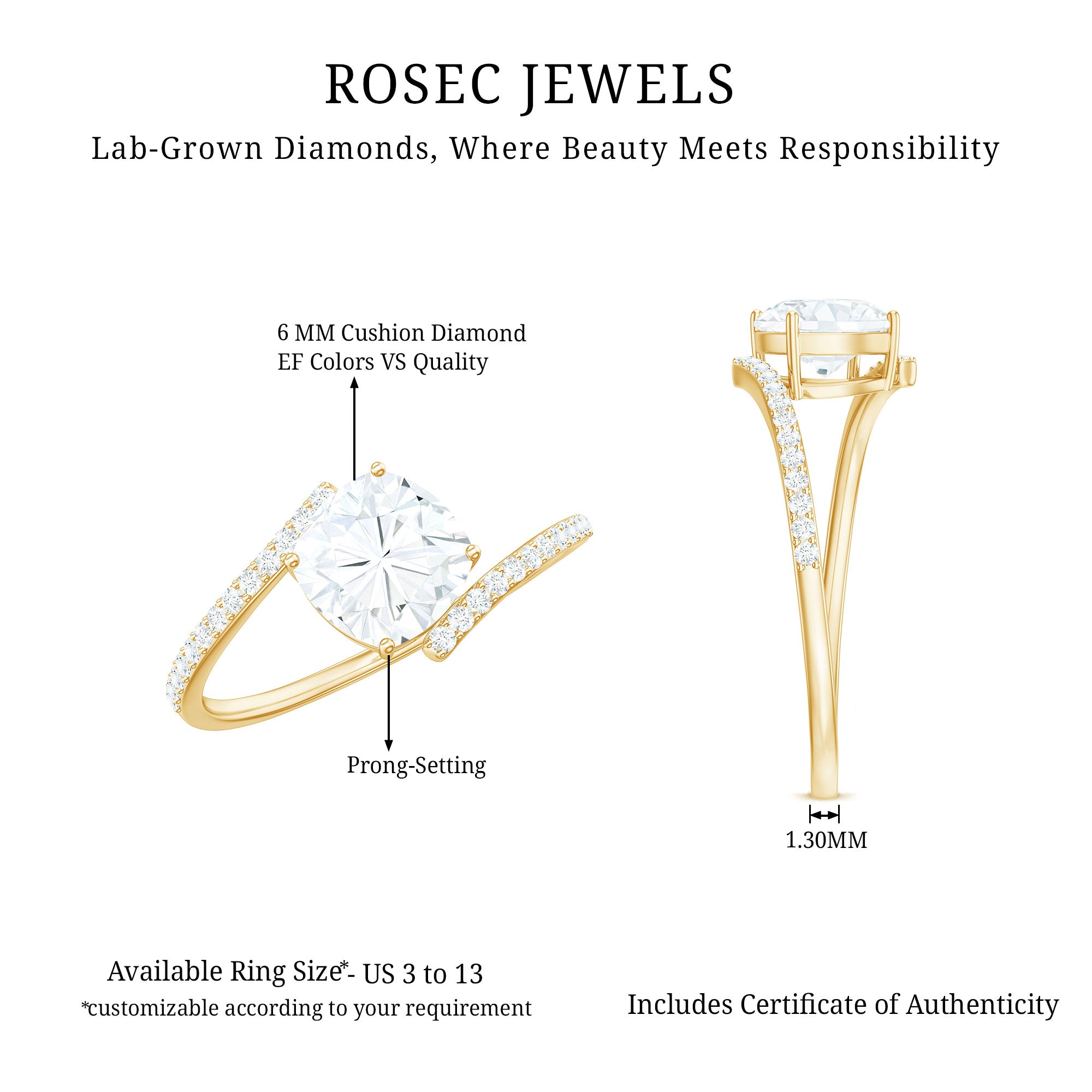 Rosec Jewels-Lab Diamond Engagement Bypass Cushion Engagement Ring