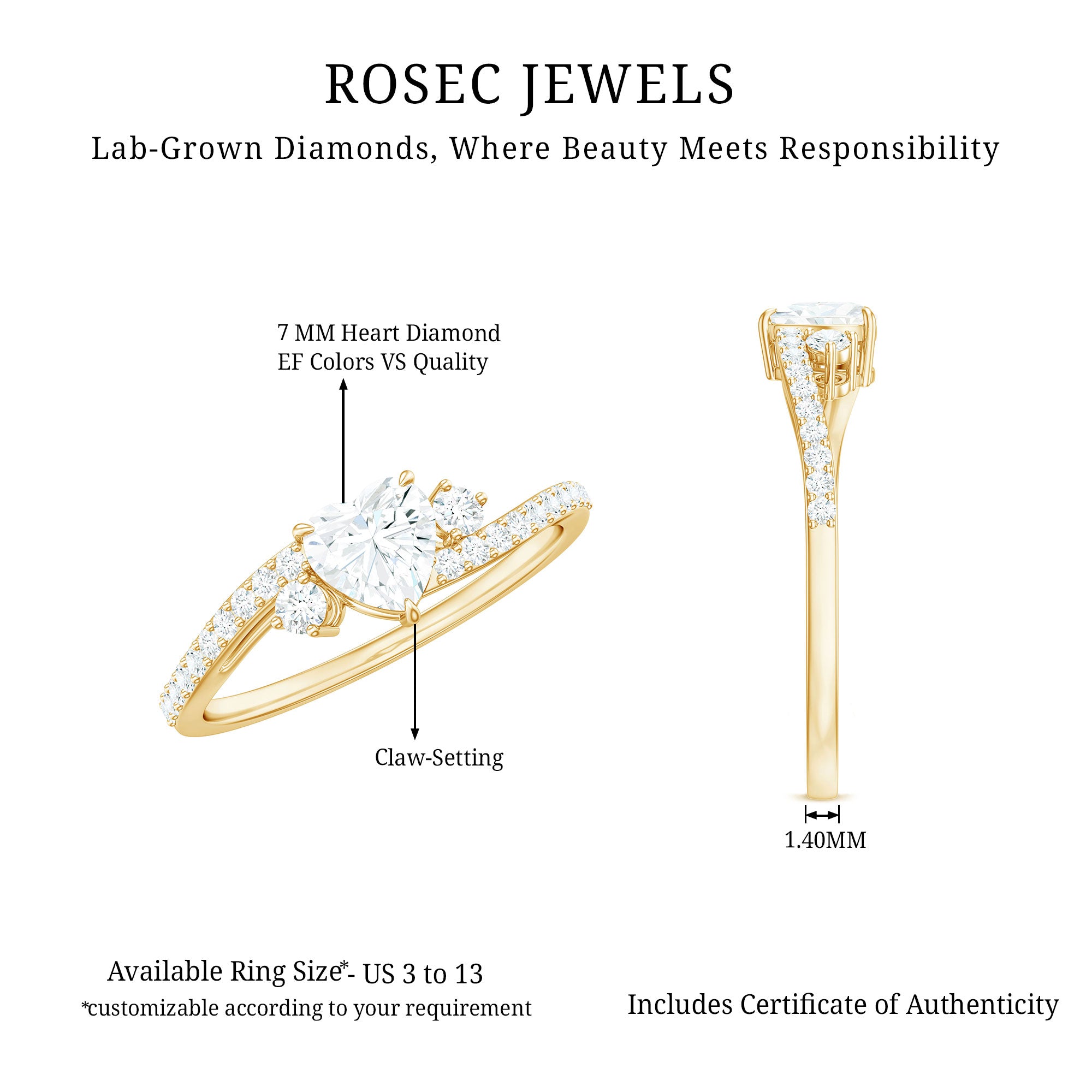 Rosec Jewels-Lab Diamond Bypass Heart Engagement Ring
