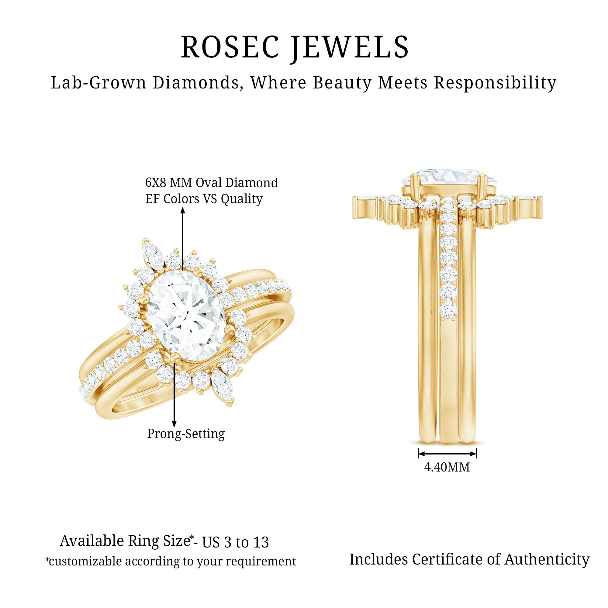 Rosec Jewels-Certified Lab Grown Diamond Vintage Engagement Ring Set With 3 Pieces