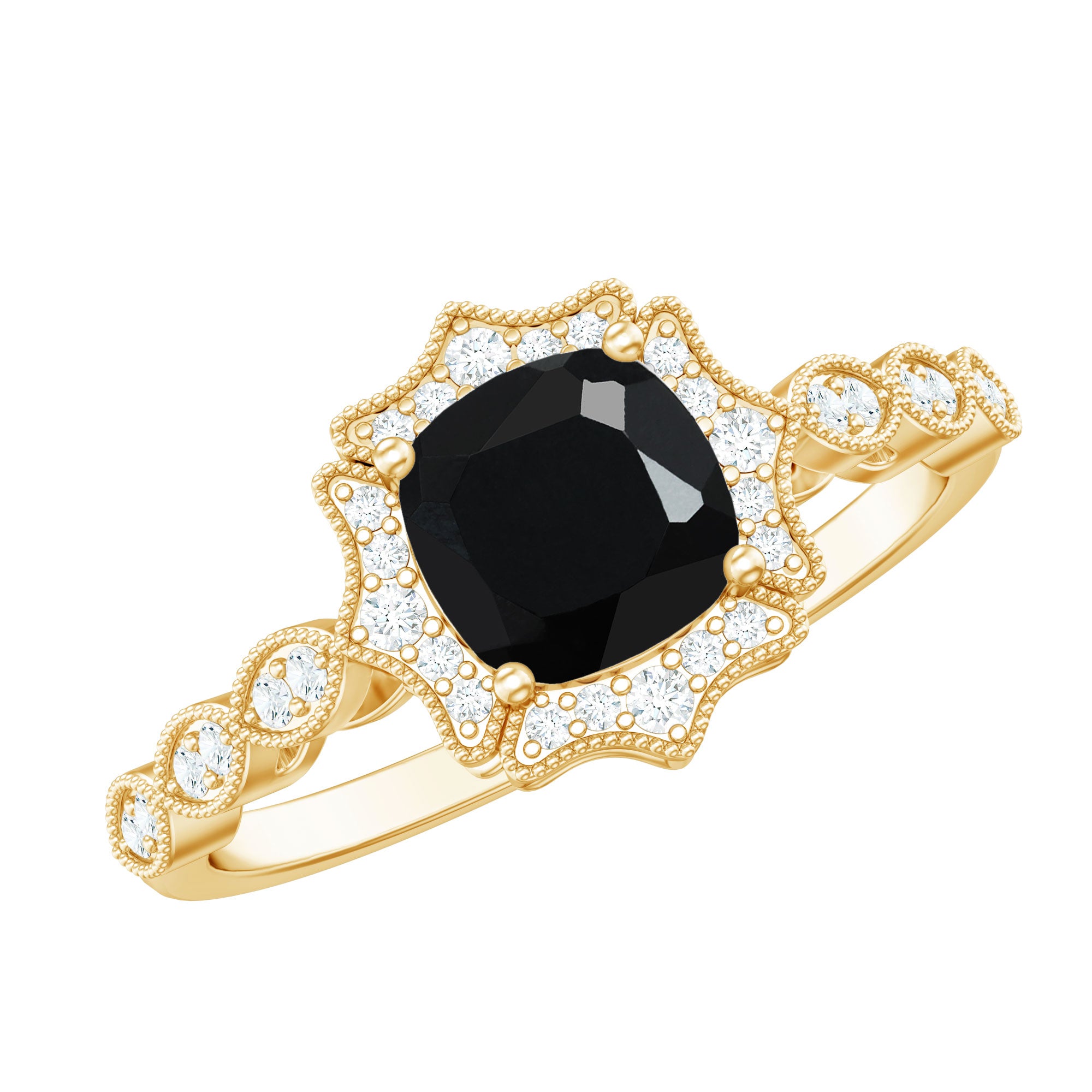 Black Onyx Vintage Looking Engagement Ring with Lab Diamond Halo