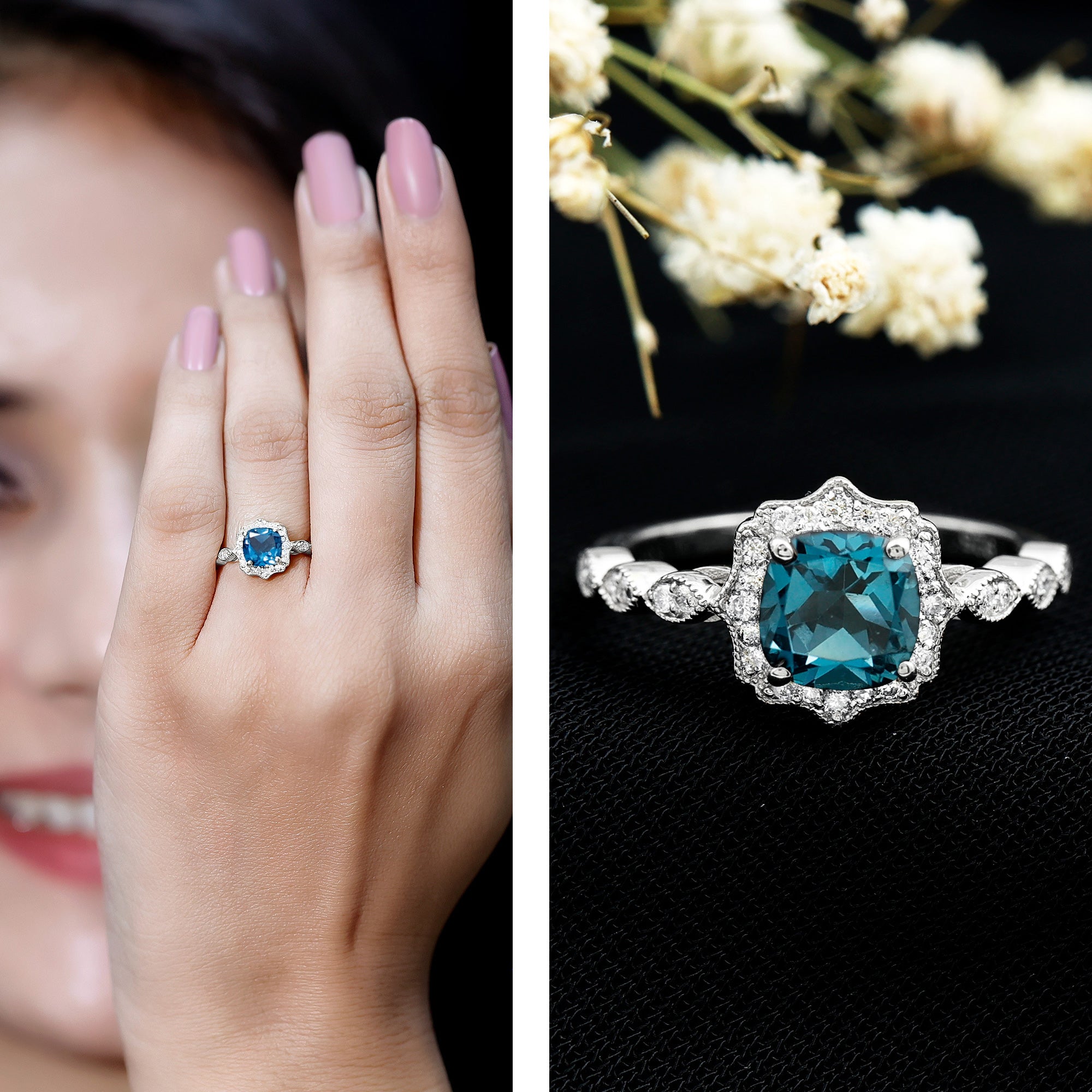 Rosec Jewels-London Blue Topaz Antique Looking Engagement Ring with Moissanite Halo