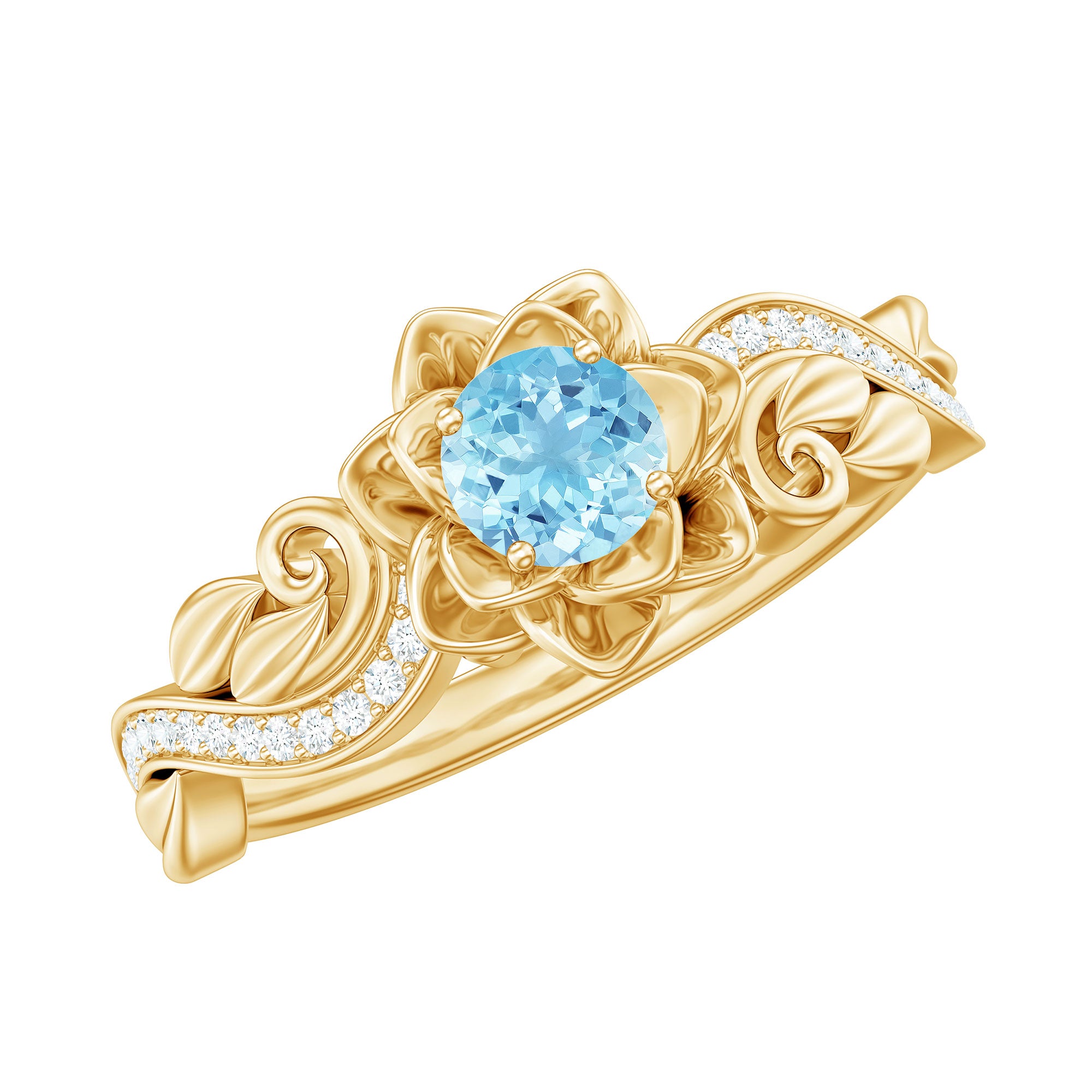 Rosec Jewels-Natural Aquamarine Flower Engagement Ring in Gold Plated Silver