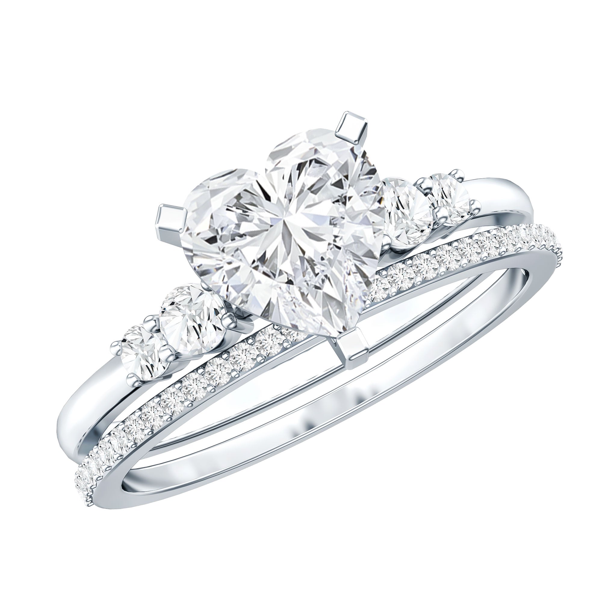 Certified Lab Grown Diamond 7MM Heart Bridal Ring Set Lab - ( EF-VS ) - Rosec Jewels