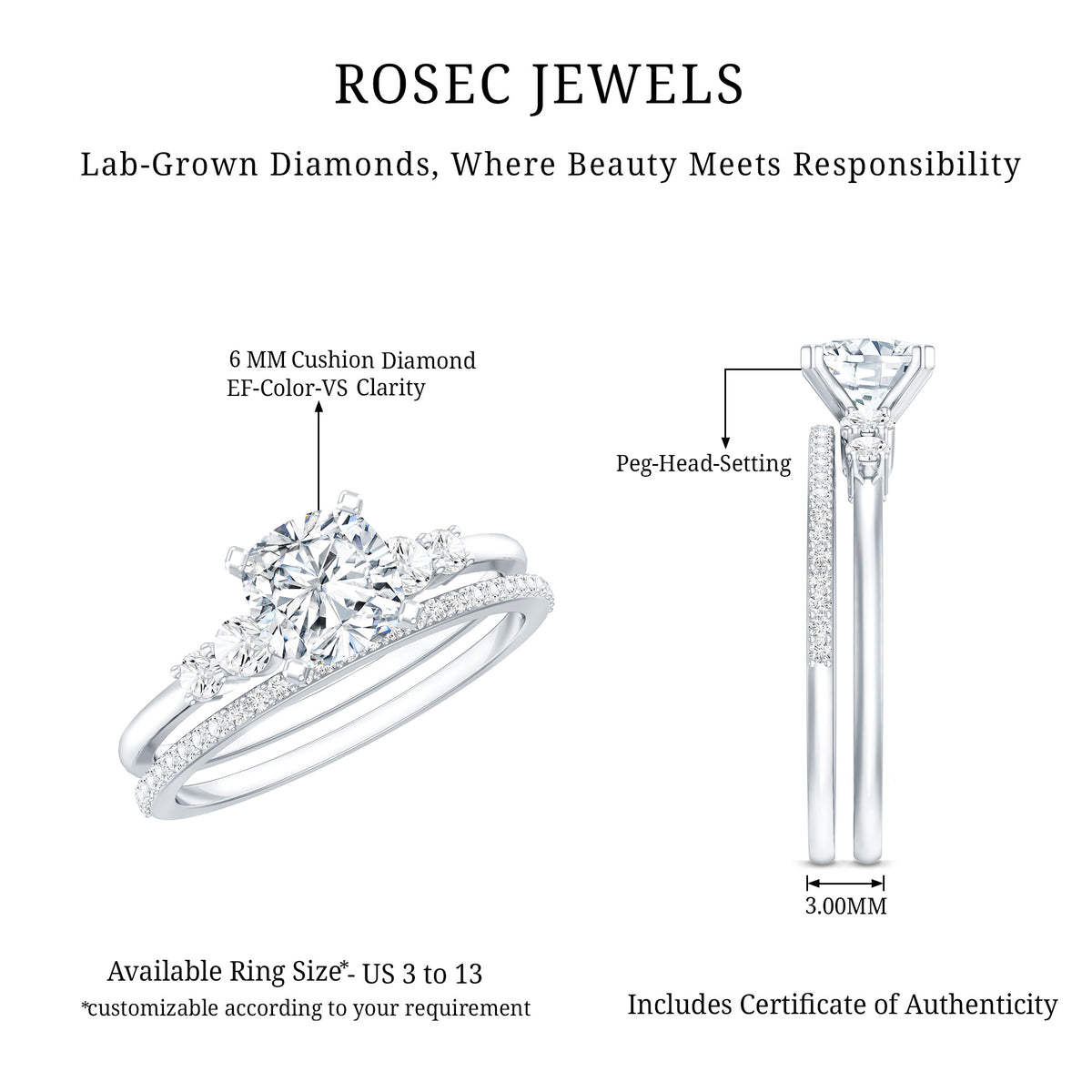 IGI Certified 1 Carat Lab Grown Diamond Cushion Engagement Ring with Wedding Band Lab - ( E-VS1 ) - Rosec Jewels