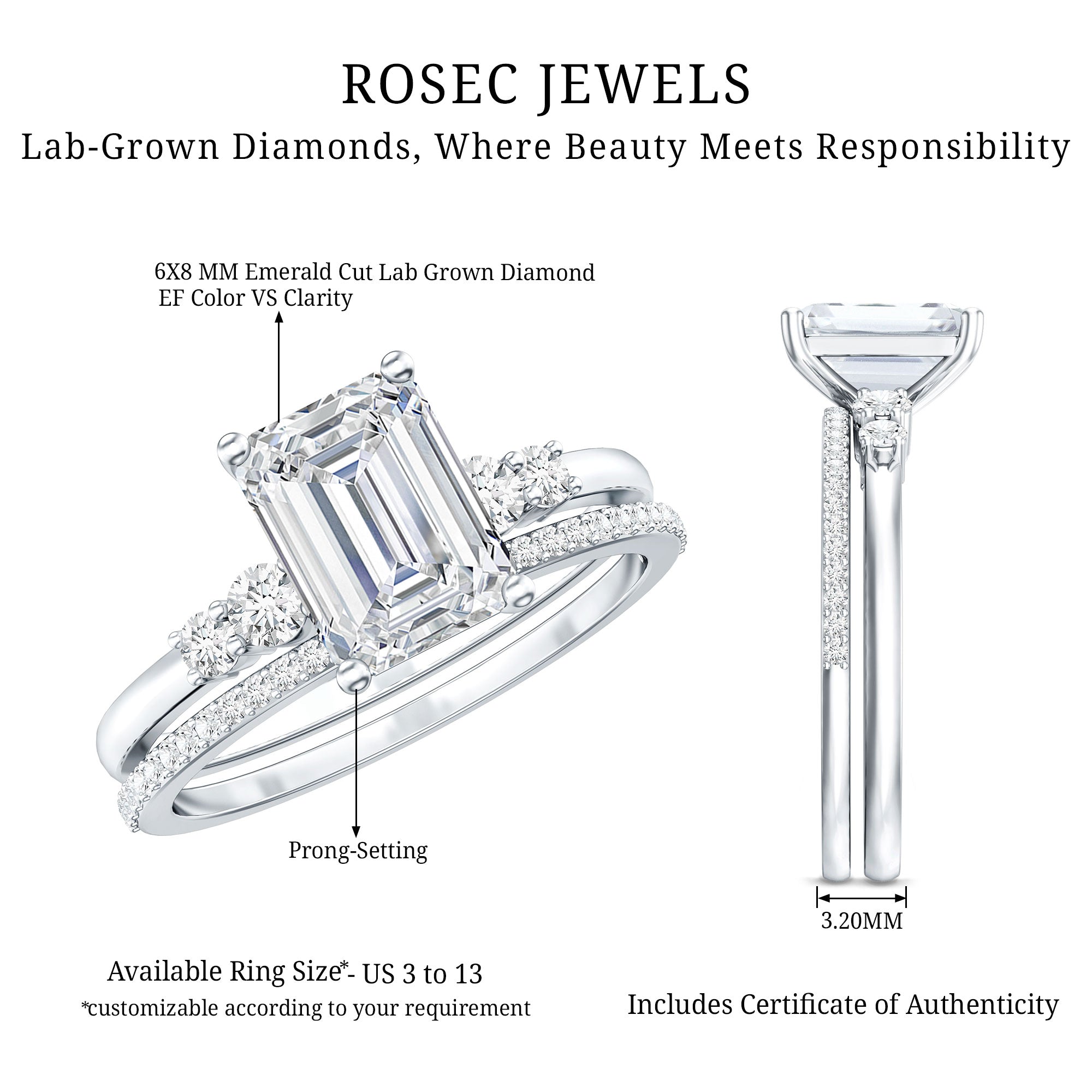 Certified Lab Grown Diamond 6X8MM Emerald Cut Engagement Ring with Band Lab - ( EF-VS ) - Rosec Jewels