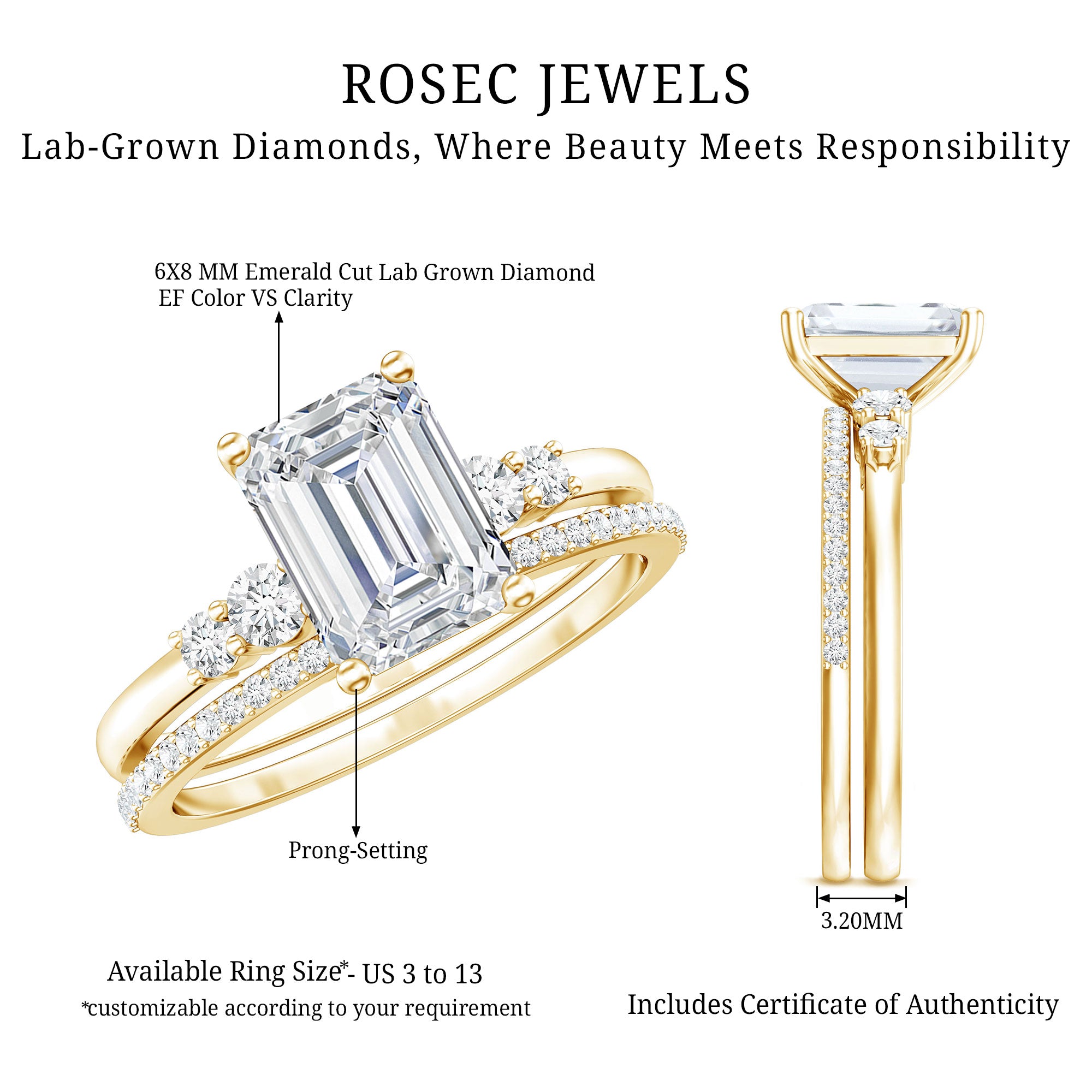 Certified Lab Grown Diamond 6X8MM Emerald Cut Engagement Ring with Band Lab - ( EF-VS ) - Rosec Jewels