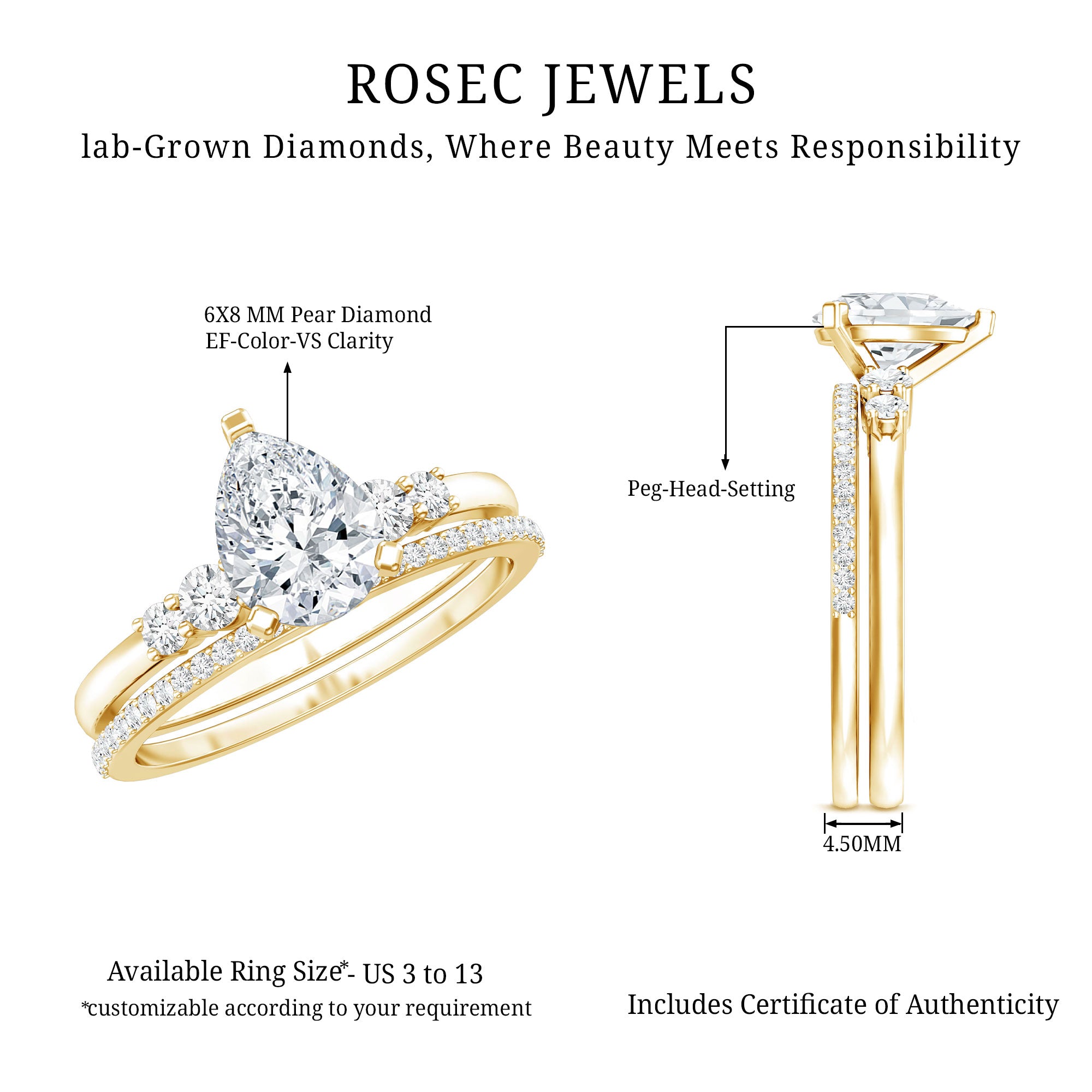 Certified Lab Grown Diamond 6X8 MM Teardrop Bridal Ring Set Lab - ( EF-VS ) - Rosec Jewels