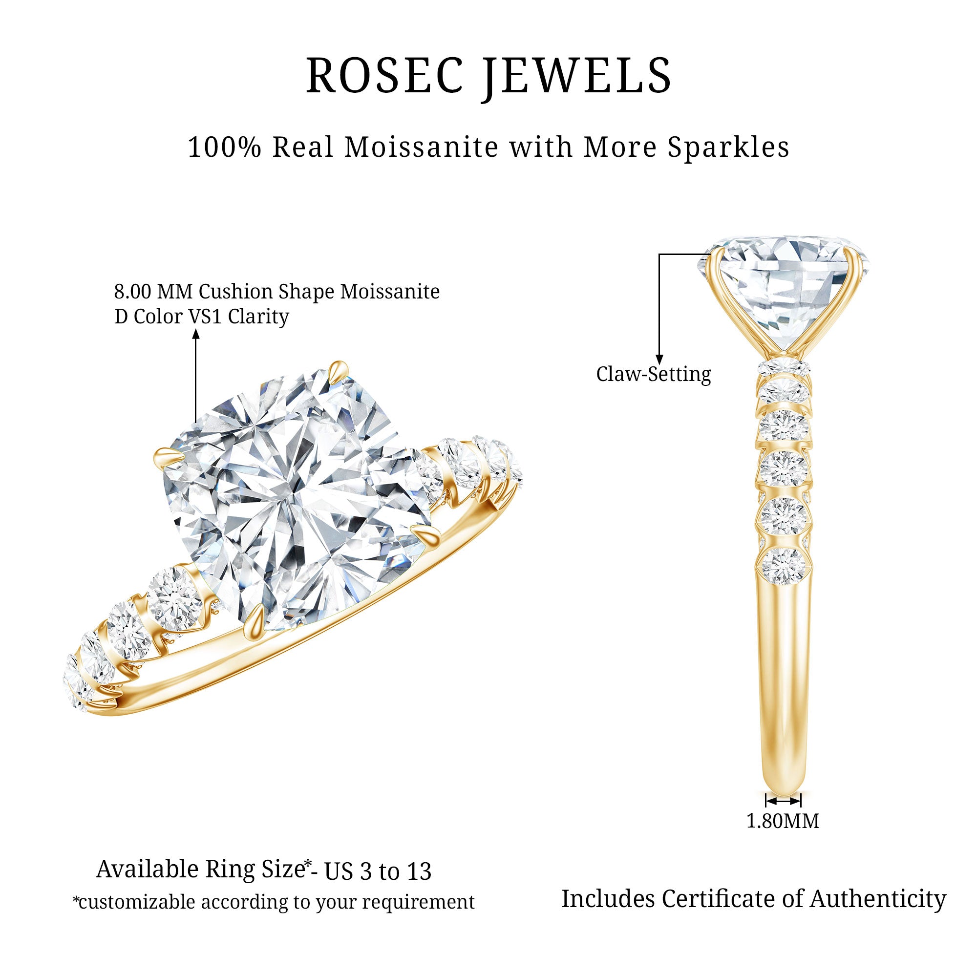 Rosec Jewels-IGI Certified 2 Carat Cushion Cut Lab Grown Diamond Engagement Ring with Side Stones