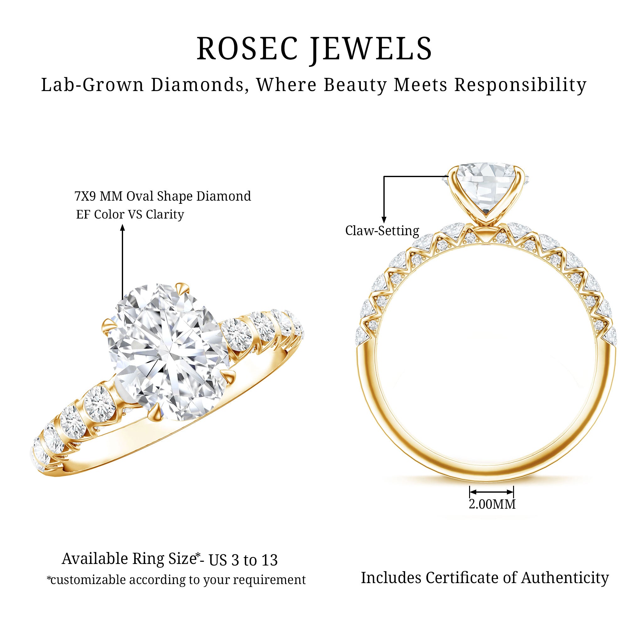 Rosec Jewels-Oval 2 Carat Lab Grown Diamond Solitaire Engagement Ring IGI Certified