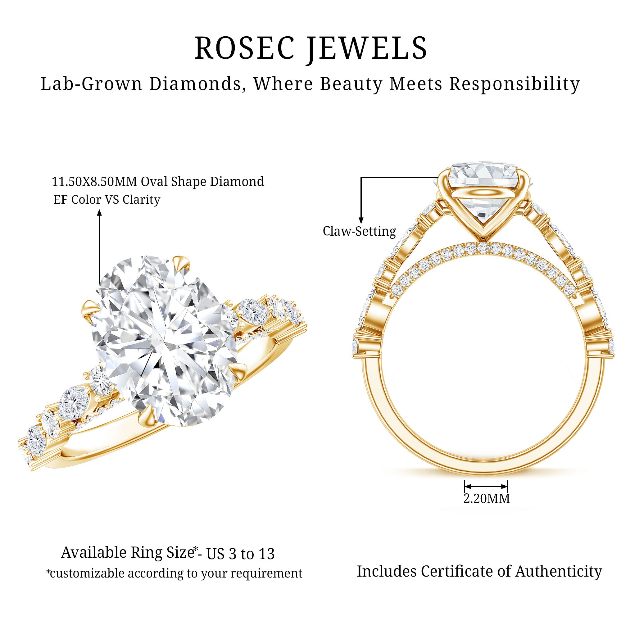 Rosec Jewels-3 Carat Oval Lab Grown Diamond Statement Engagement Ring with IGI Certificate