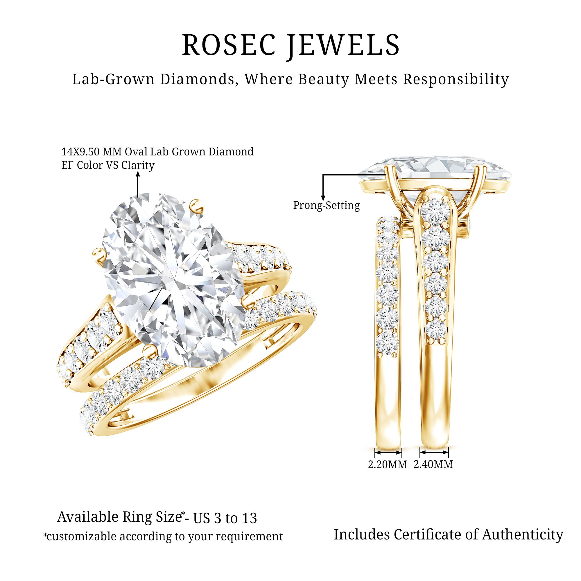 IGI Certified Lab Grown Diamond 5 Carat Oval Engagement Ring with Wedding Band Lab - ( E-VS1 ) - Rosec Jewels