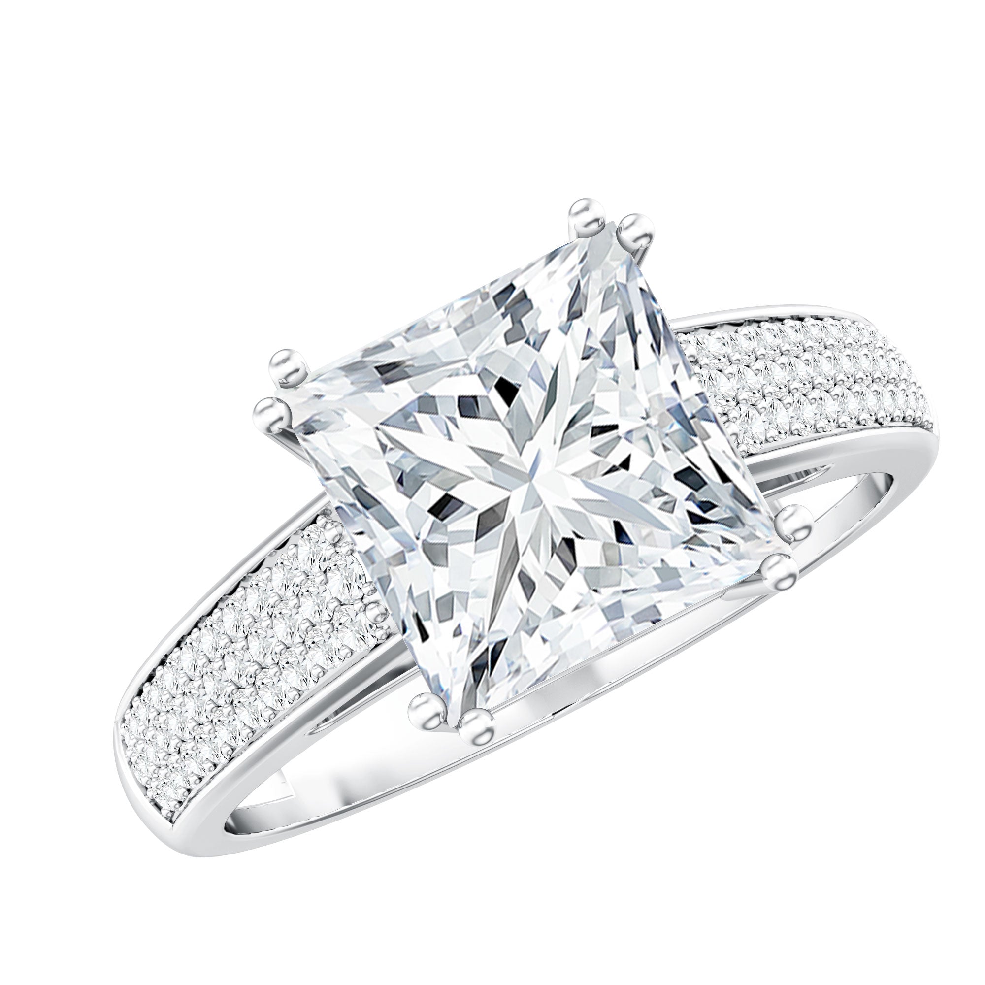 Rosec Jewels-IGI Certified Princess Cut Lab Grown Diamond 4 Carat Engagement Ring with Side Stones