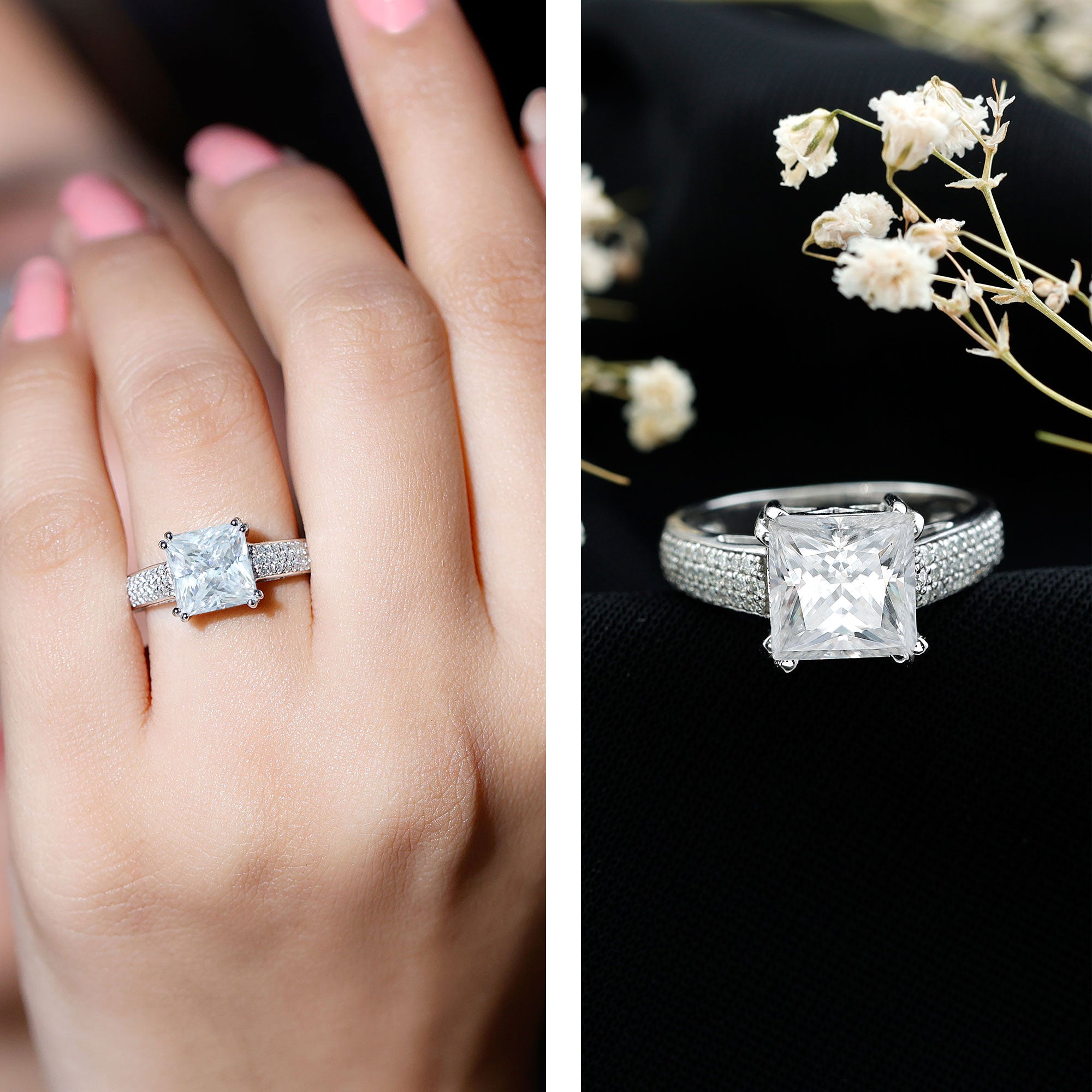 Rosec Jewels-IGI Certified Princess Cut Lab Grown Diamond 4 Carat Engagement Ring with Side Stones
