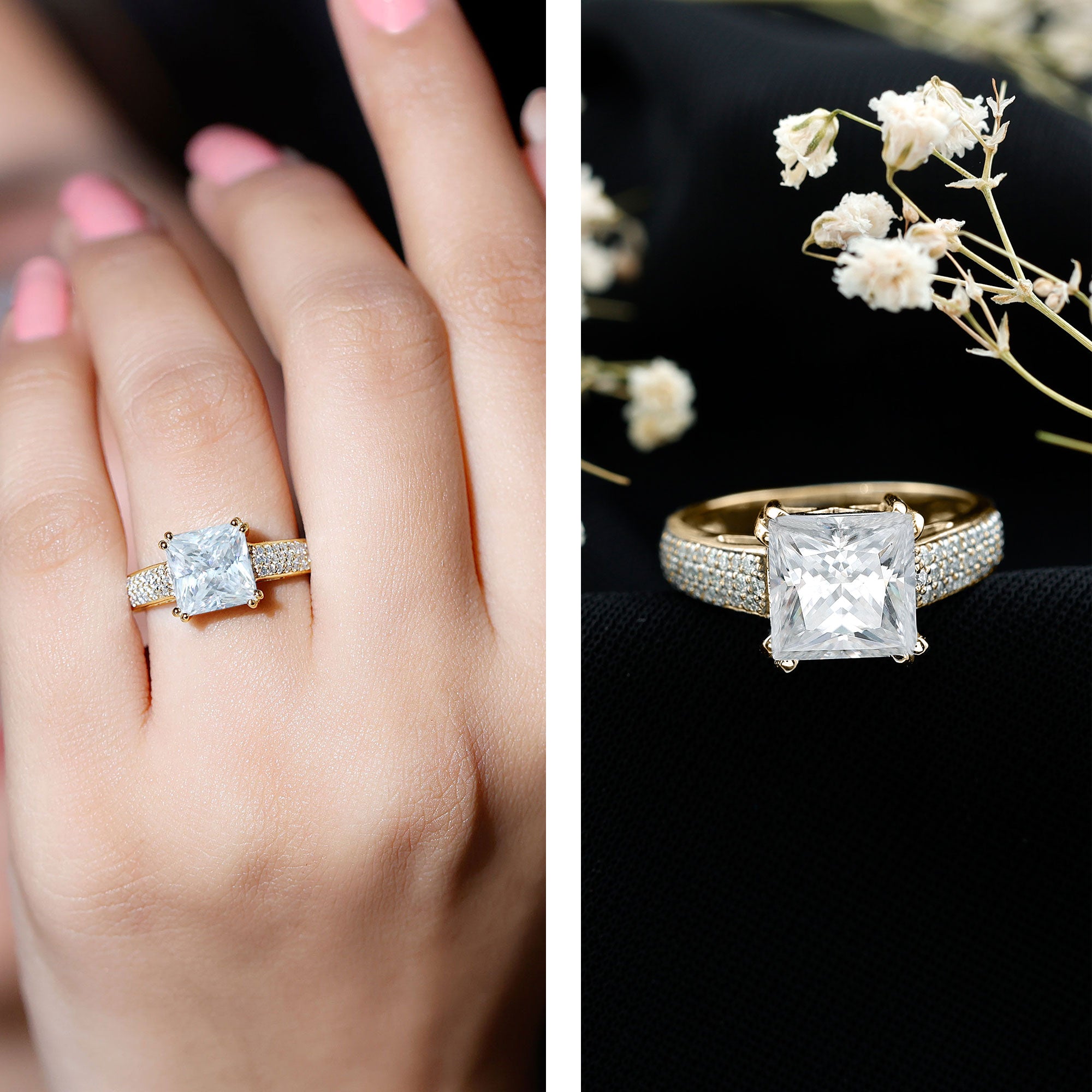 Rosec Jewels-IGI Certified Princess Cut Lab Grown Diamond 4 Carat Engagement Ring with Side Stones