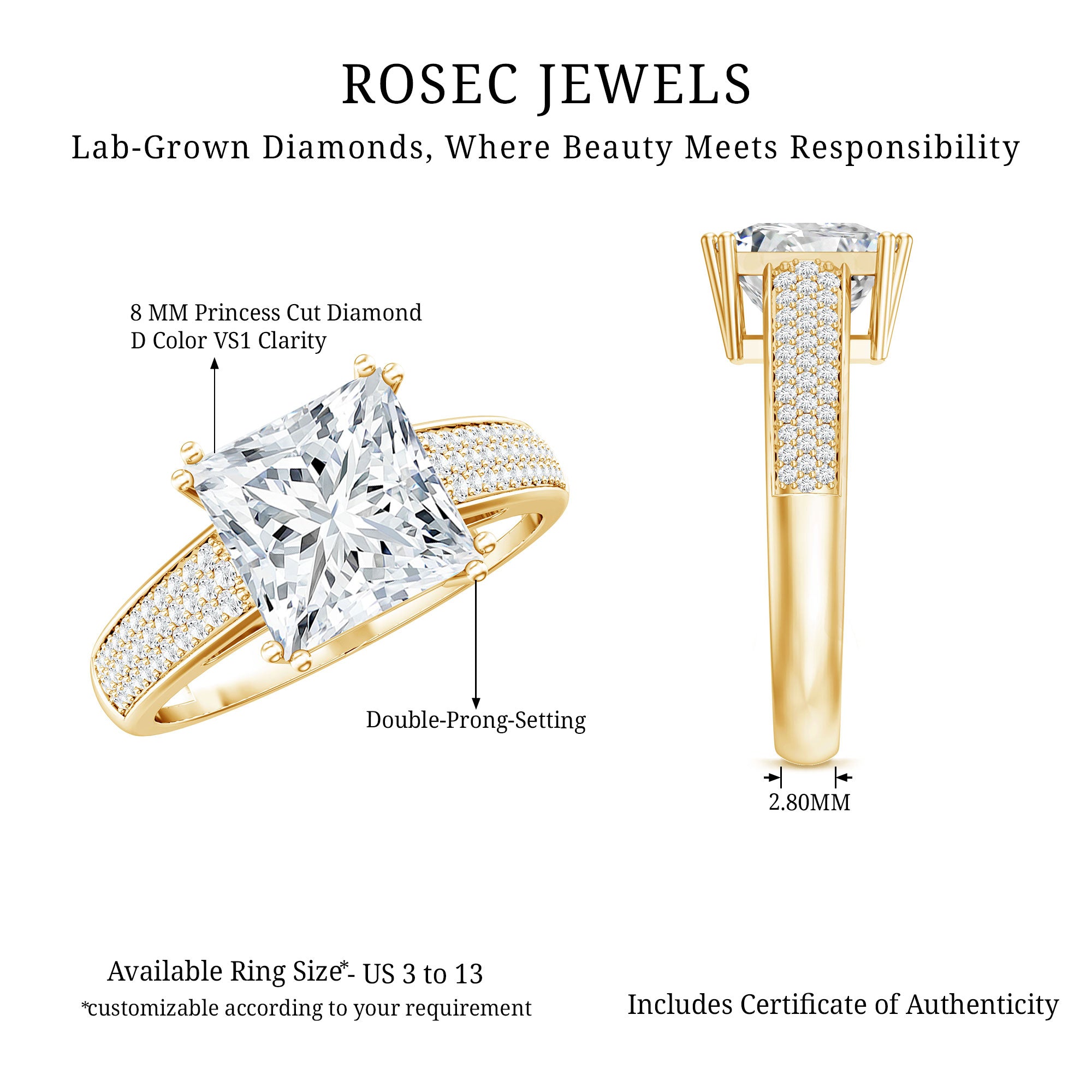 Rosec Jewels-IGI Certified 3 Carat Princess Cut Lab Grown Diamond Engagement Ring with Side Stones