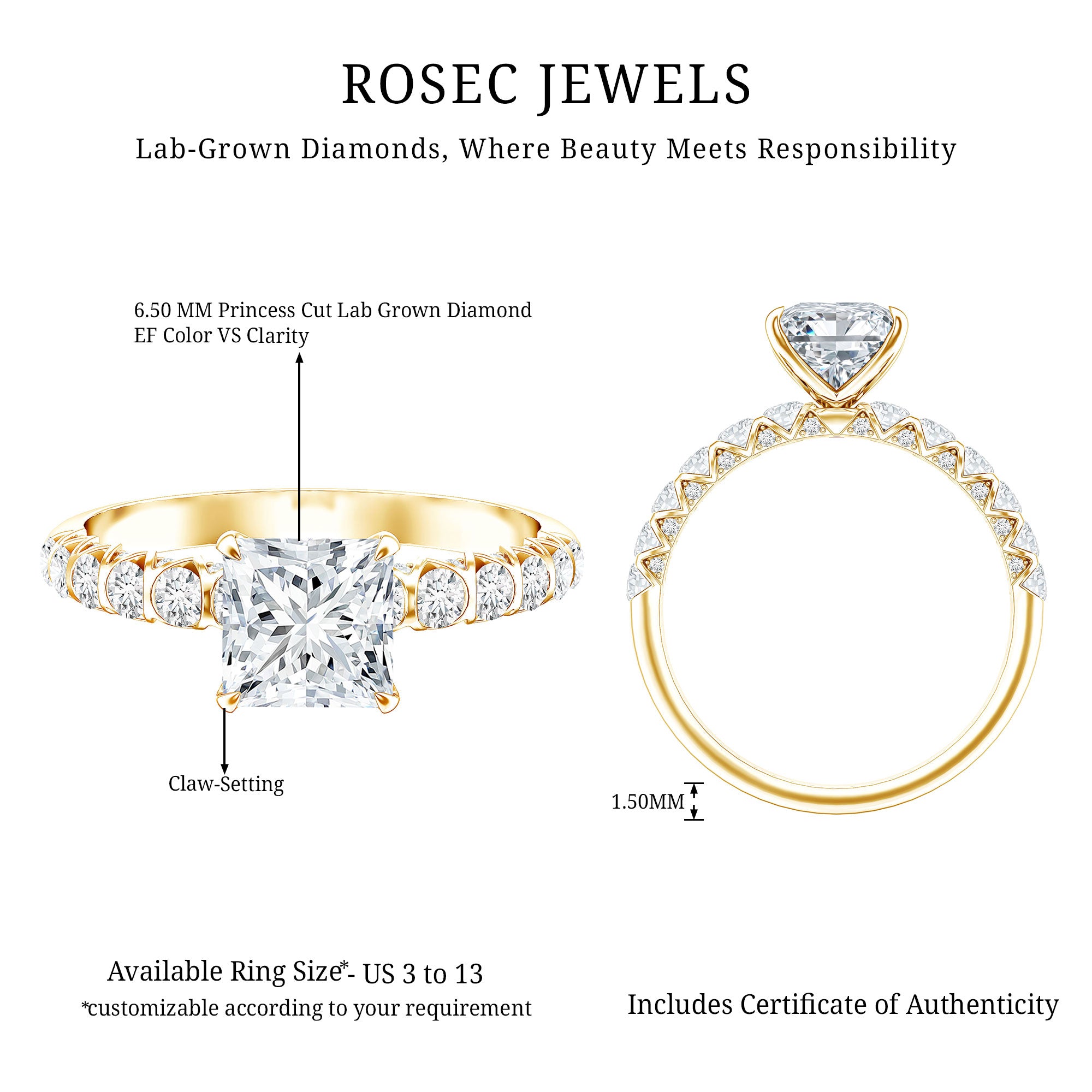 Rosec Jewels-2 Carat IGI Certified Lab Grown Diamond Princess Cut Engagement Ring