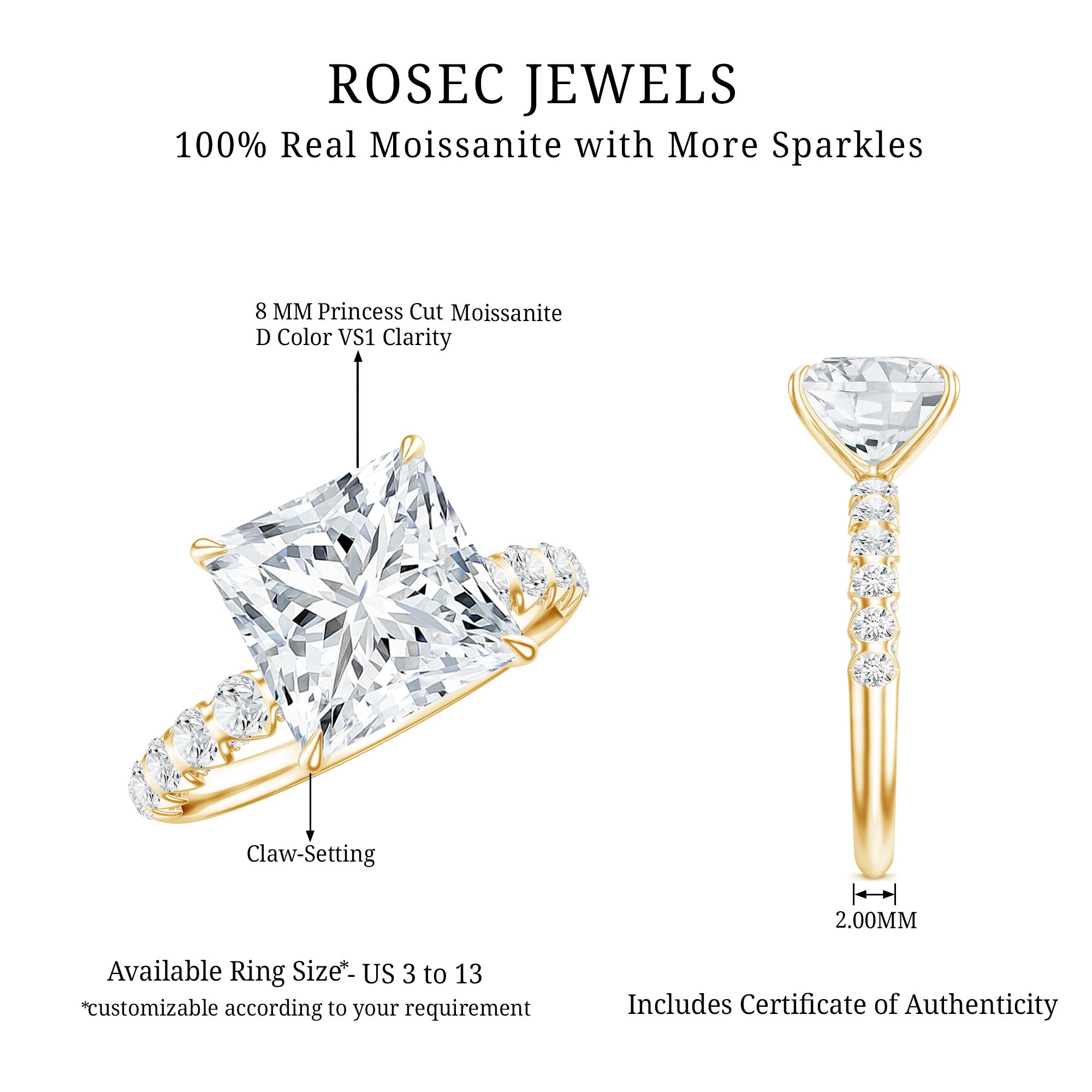 Rosec Jewels-IGI Certified Lab Grown Diamond 3 Carat Square Cut Engagement Ring