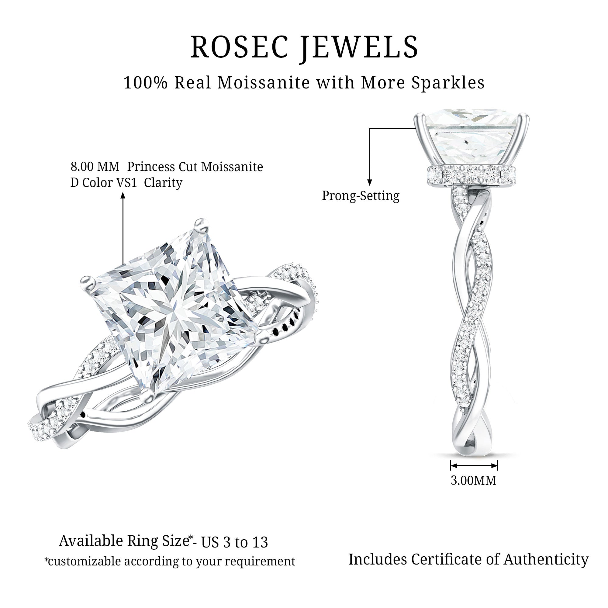 Rosec Jewels-IGI Certified 3 Carat Princess Cut Lab Grown Diamond Hidden Halo Engagement Ring with Infinity Band