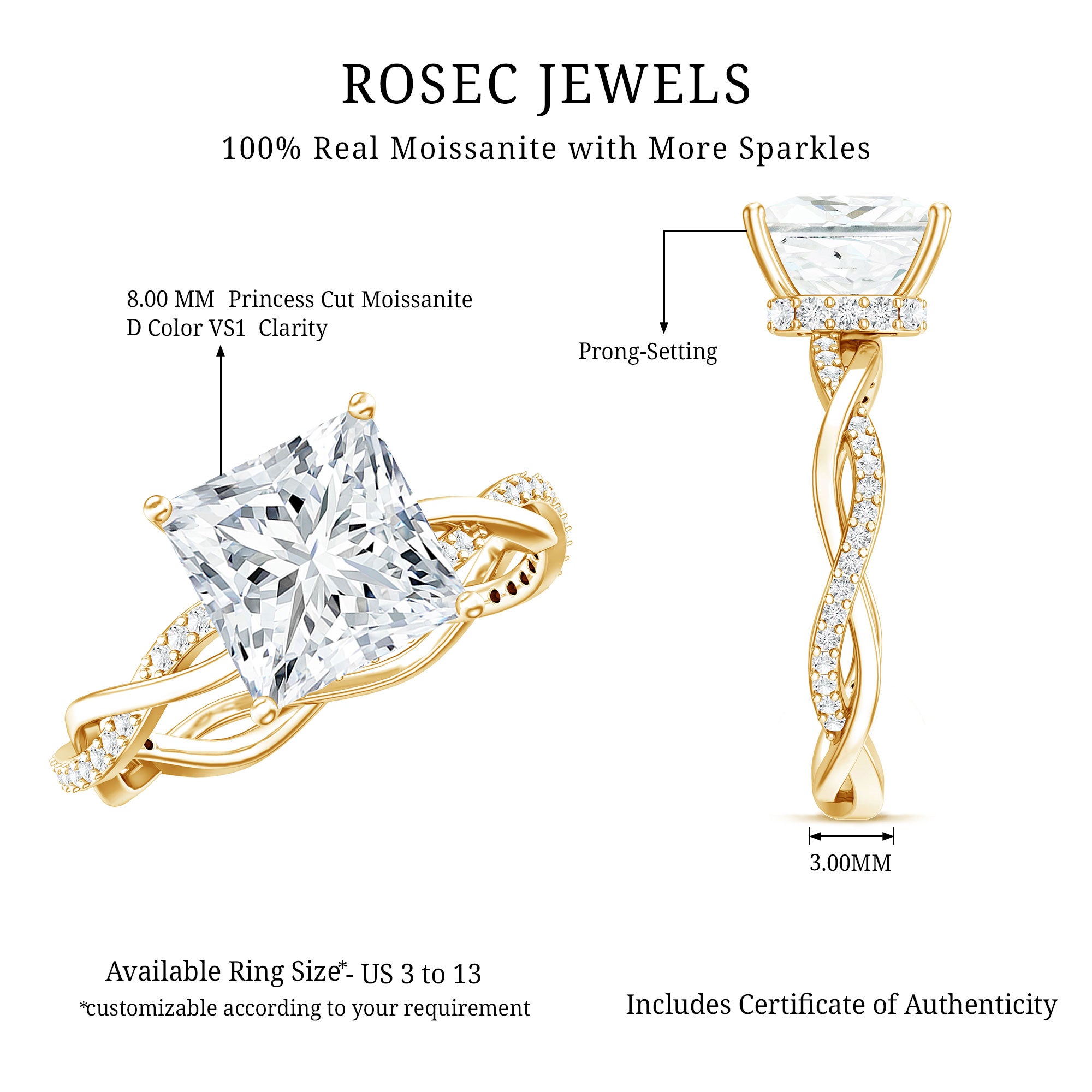 Rosec Jewels-IGI Certified 3 Carat Princess Cut Lab Grown Diamond Hidden Halo Engagement Ring with Infinity Band