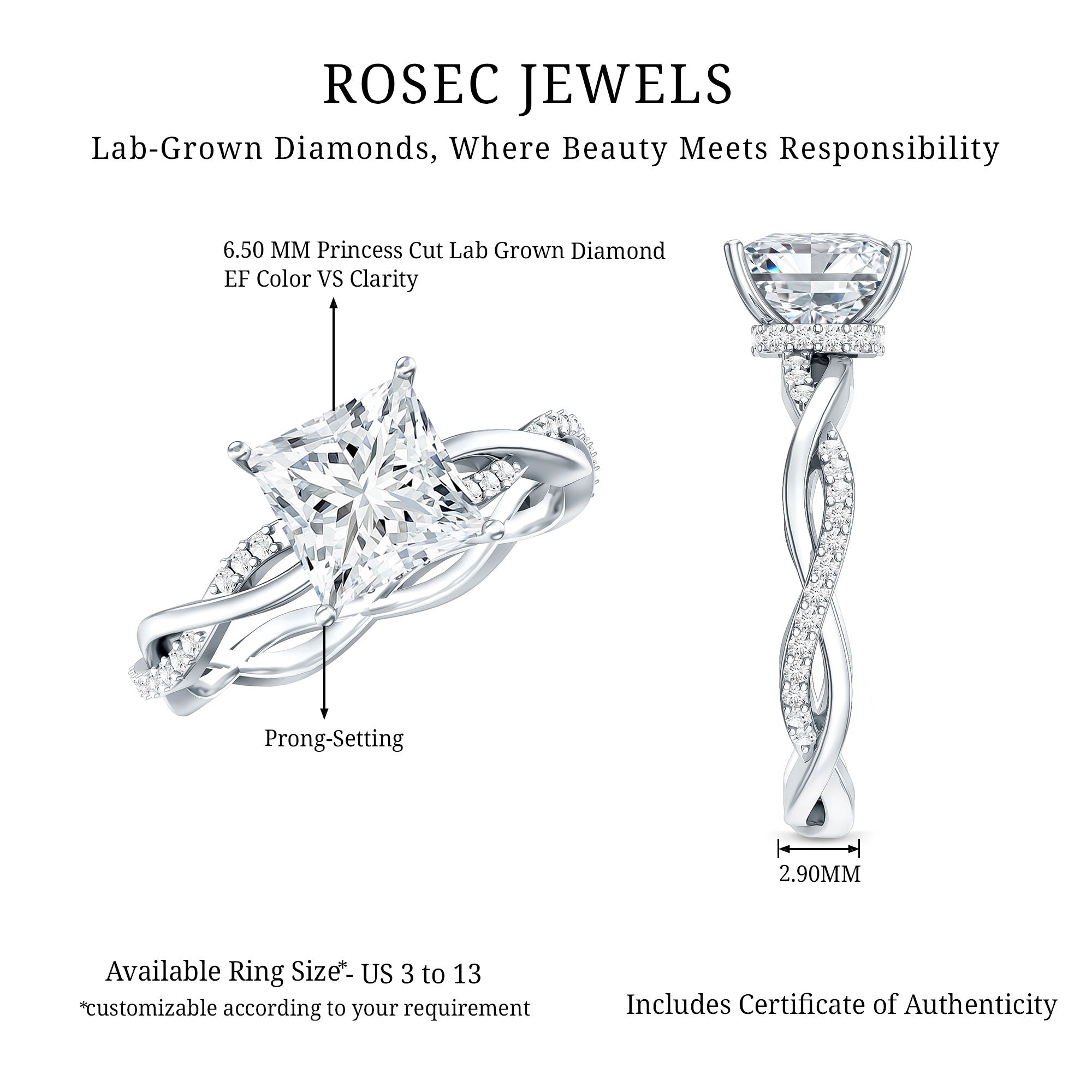 Rosec Jewels-IGI Certified 2 Carat Princess Cut Lab Diamond Braided Engagement Ring with Hidden Halo