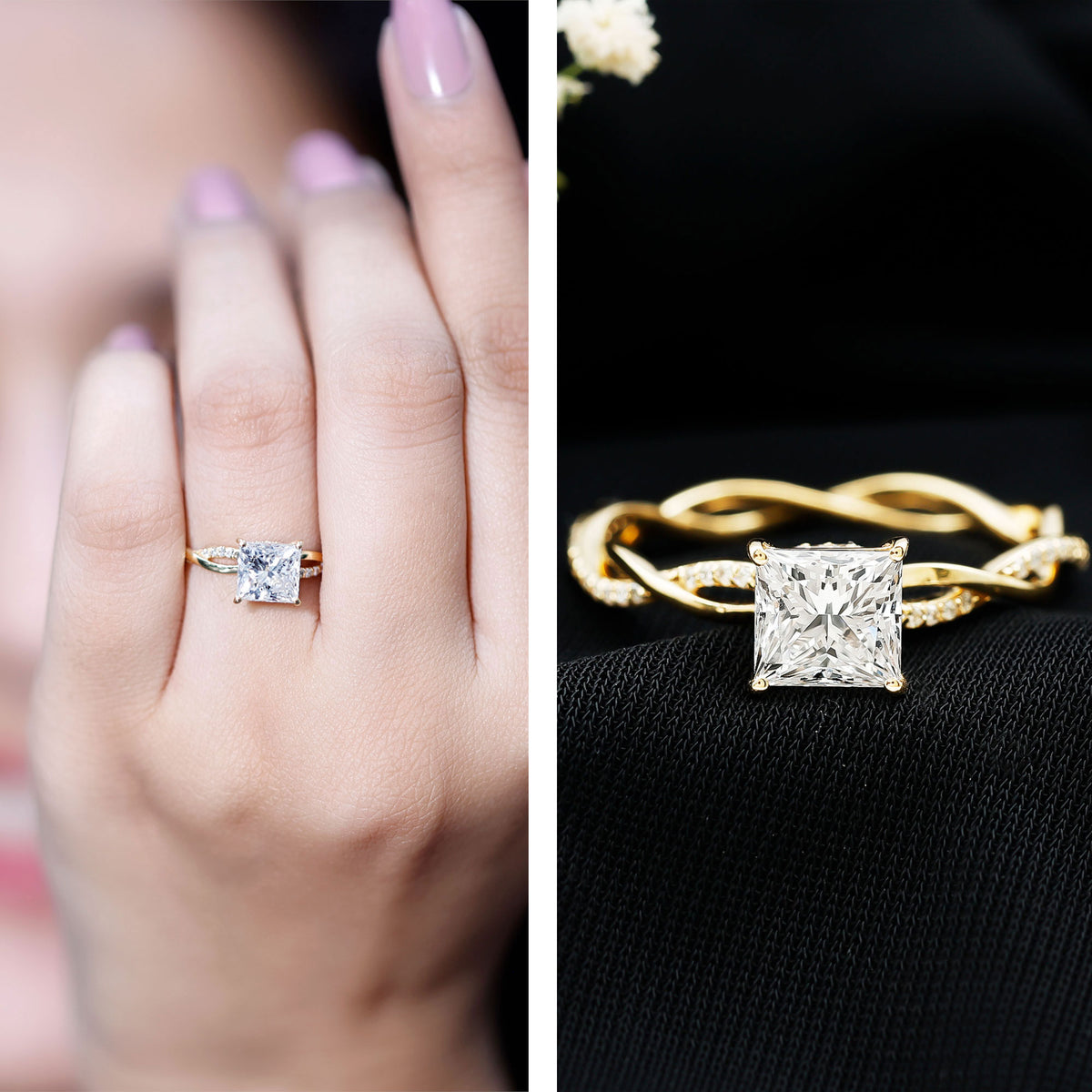 IGI Certified 2 Carat Princess Cut Lab Diamond Braided Engagement Ring with Hidden Halo Lab - ( E-VS1 ) - Rosec Jewels