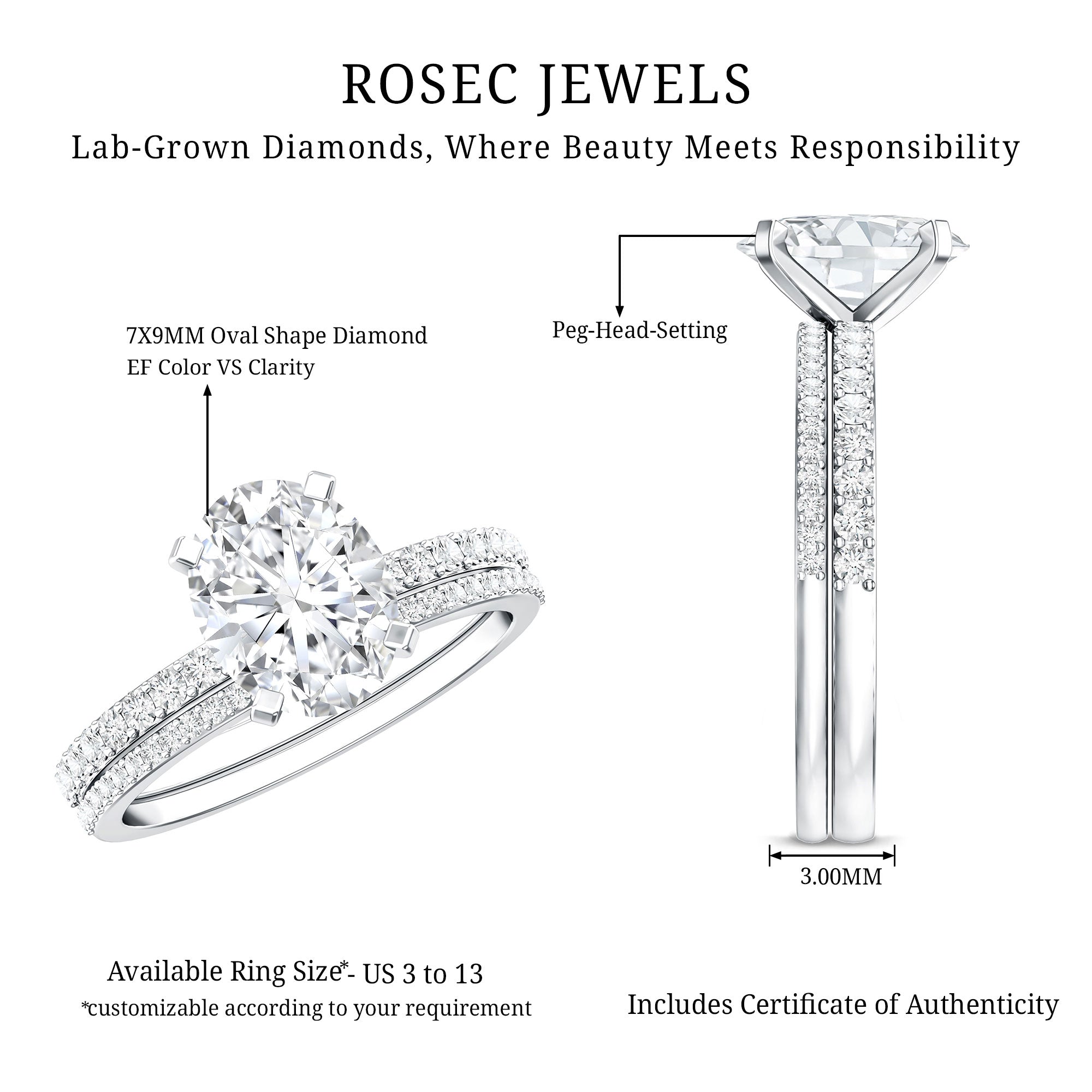Rosec Jewels-IGI Certified 2 Carat Lab Grown Diamond Oval Wedding Ring Set