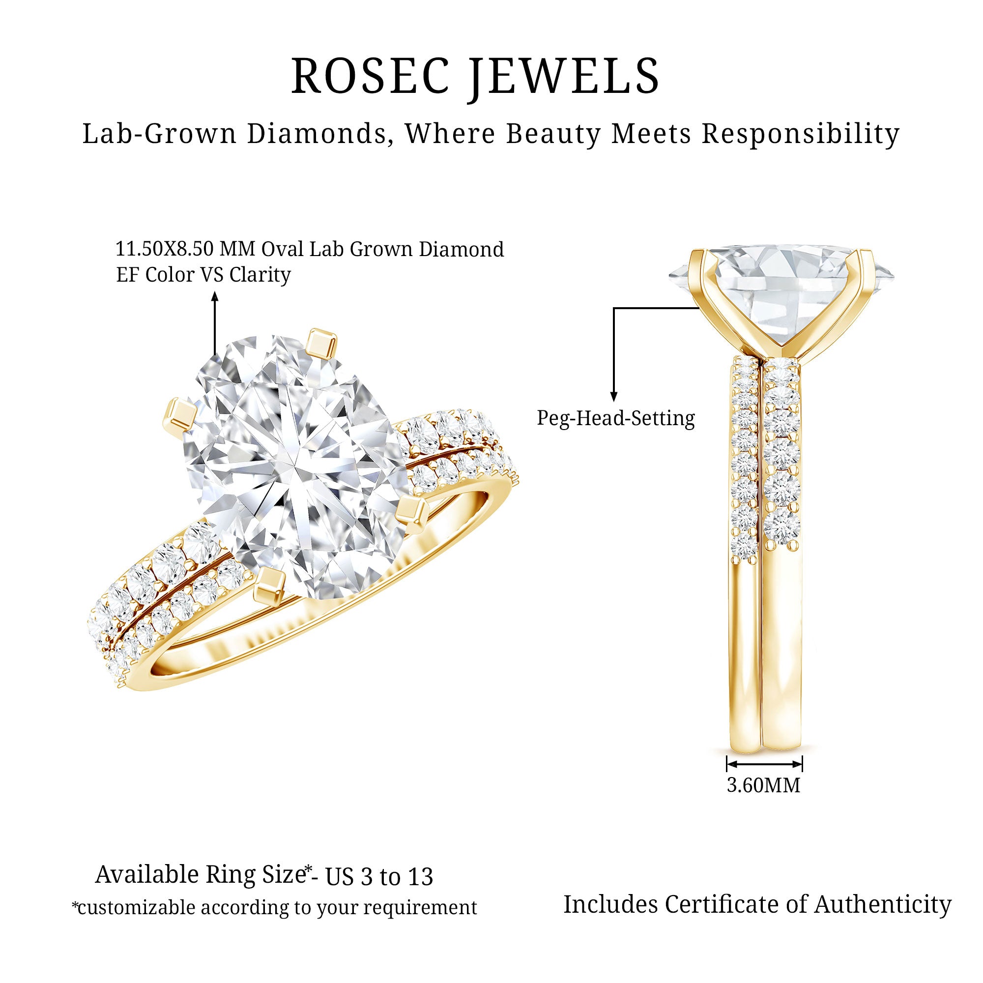 Rosec Jewels-3 Carat Oval Shaped Lab Grown Diamond Bridal Ring Set with IGI Certificate