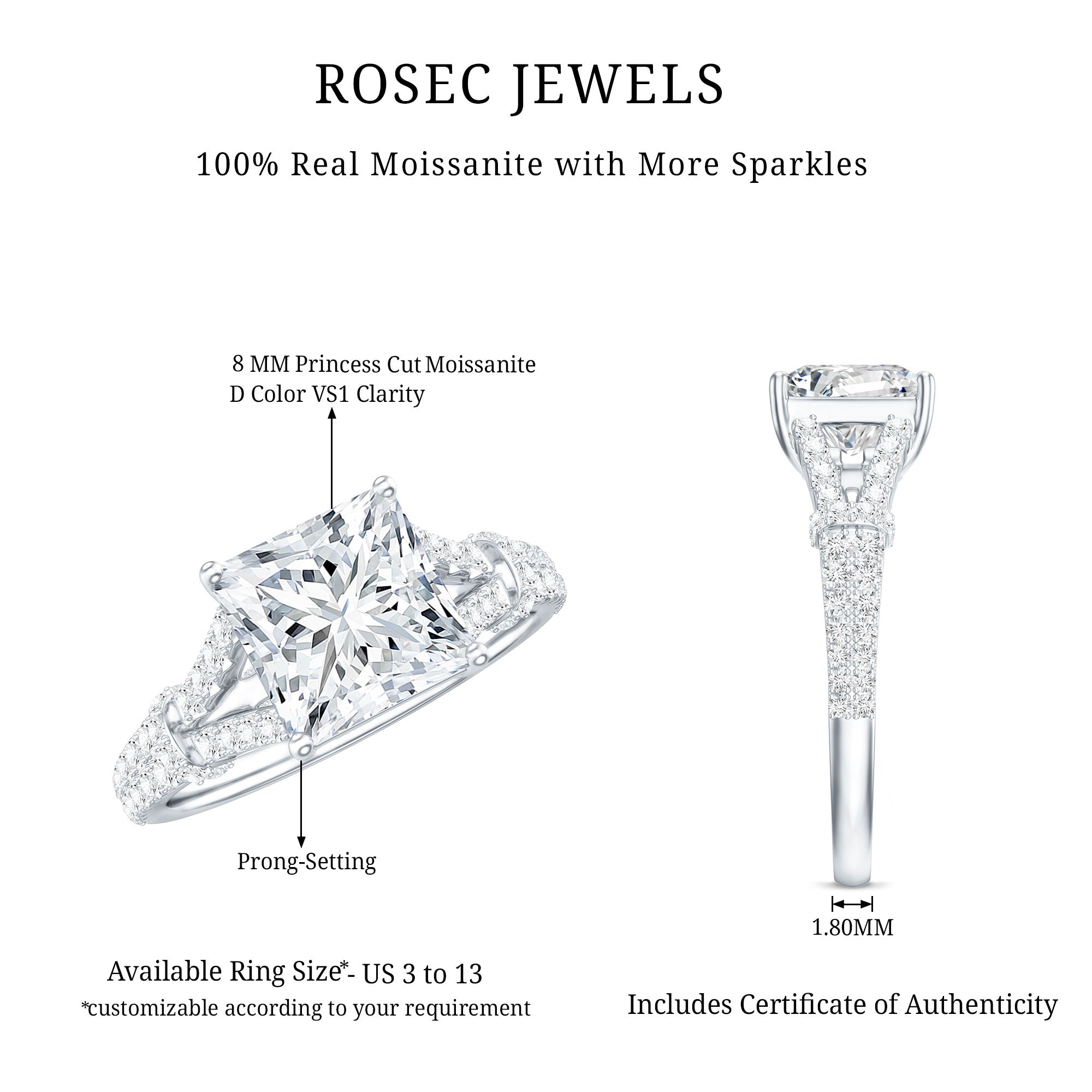 3 Carat Princess Cut Lab Grown Diamond Split Shank Engagement Ring IGI Certified Lab - ( E-VS1 ) - Rosec Jewels
