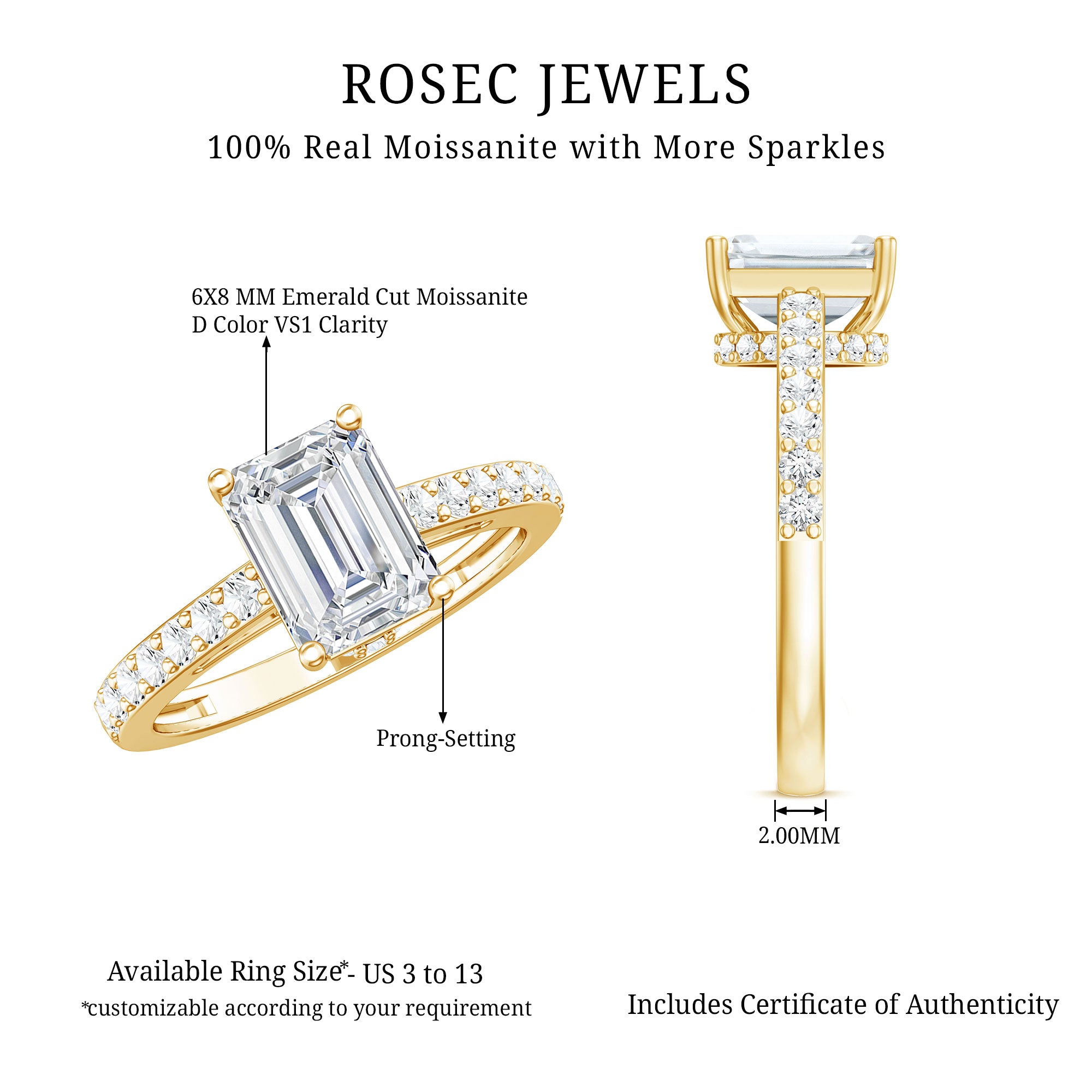 IGI Certified Emerald Cut Lab Grown Diamond Engagement Ring 2 Carat Lab - ( E-VS1 ) - Rosec Jewels