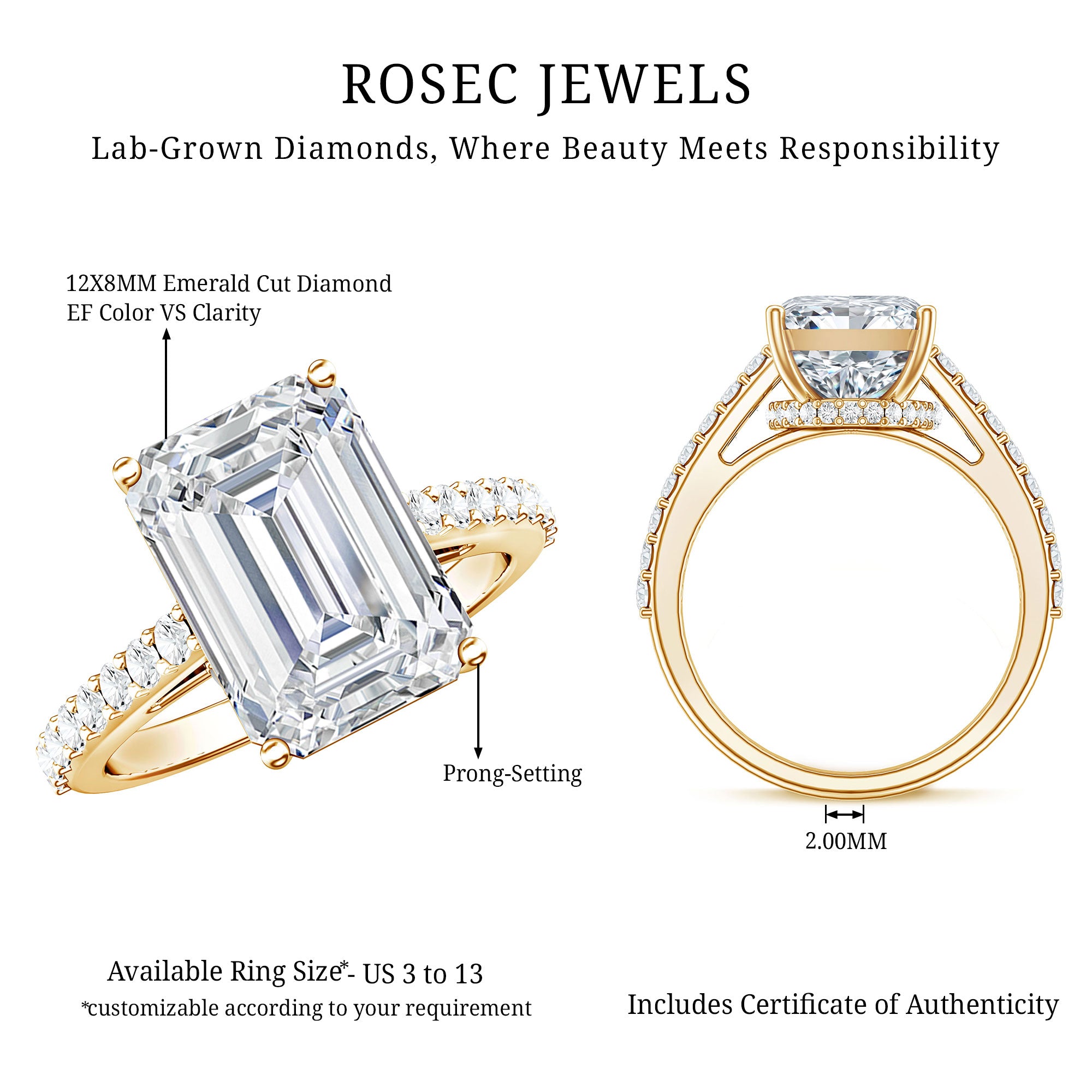 Rosec Jewels-Emerald Cut 5 Carat Lab Grown Diamond Solitaire Engagement Ring IGI Certified