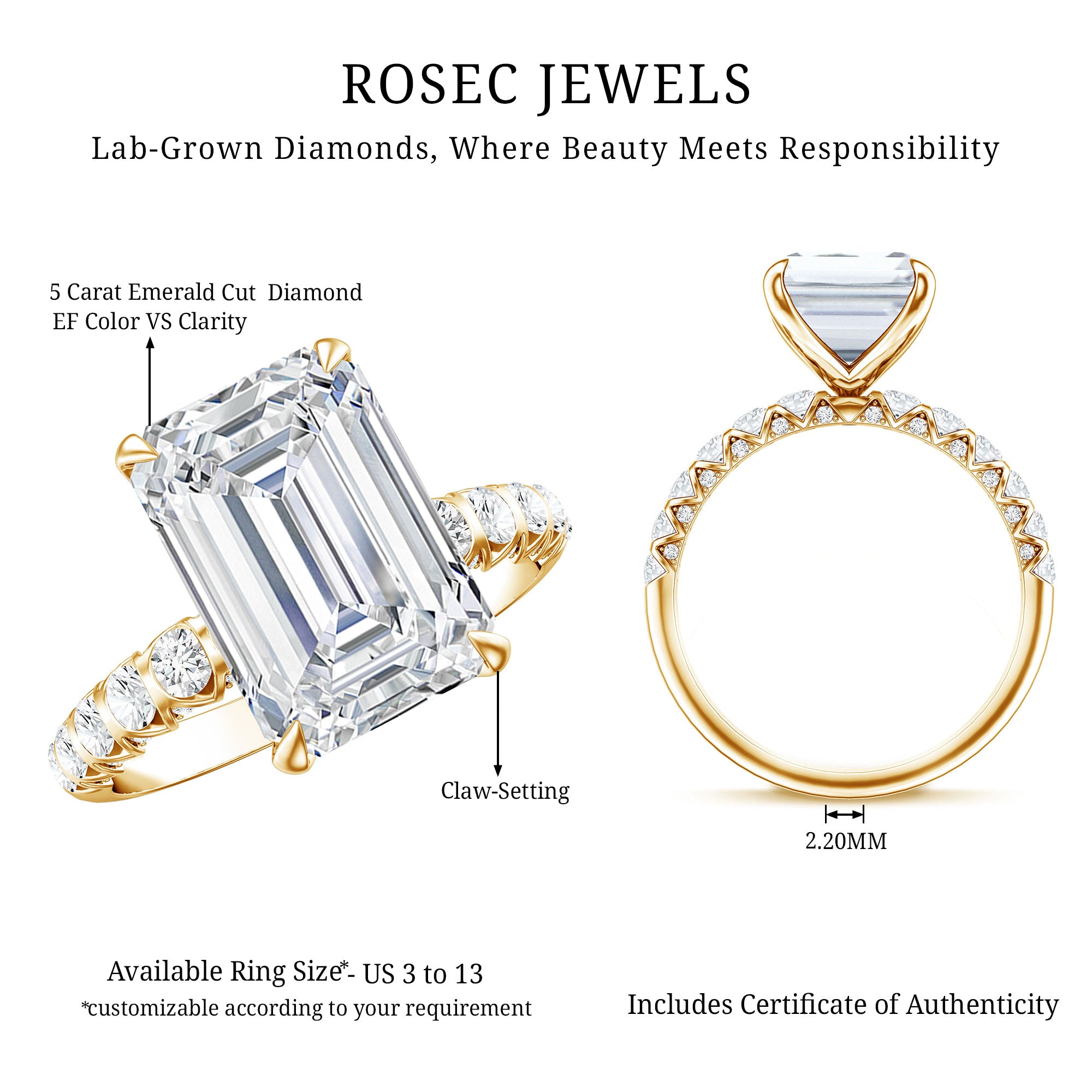 Huge 5 Carat Lab Grown Diamond Emerald Cut Engagement Ring IGI Certificate Lab - ( E-VS1 ) - Rosec Jewels