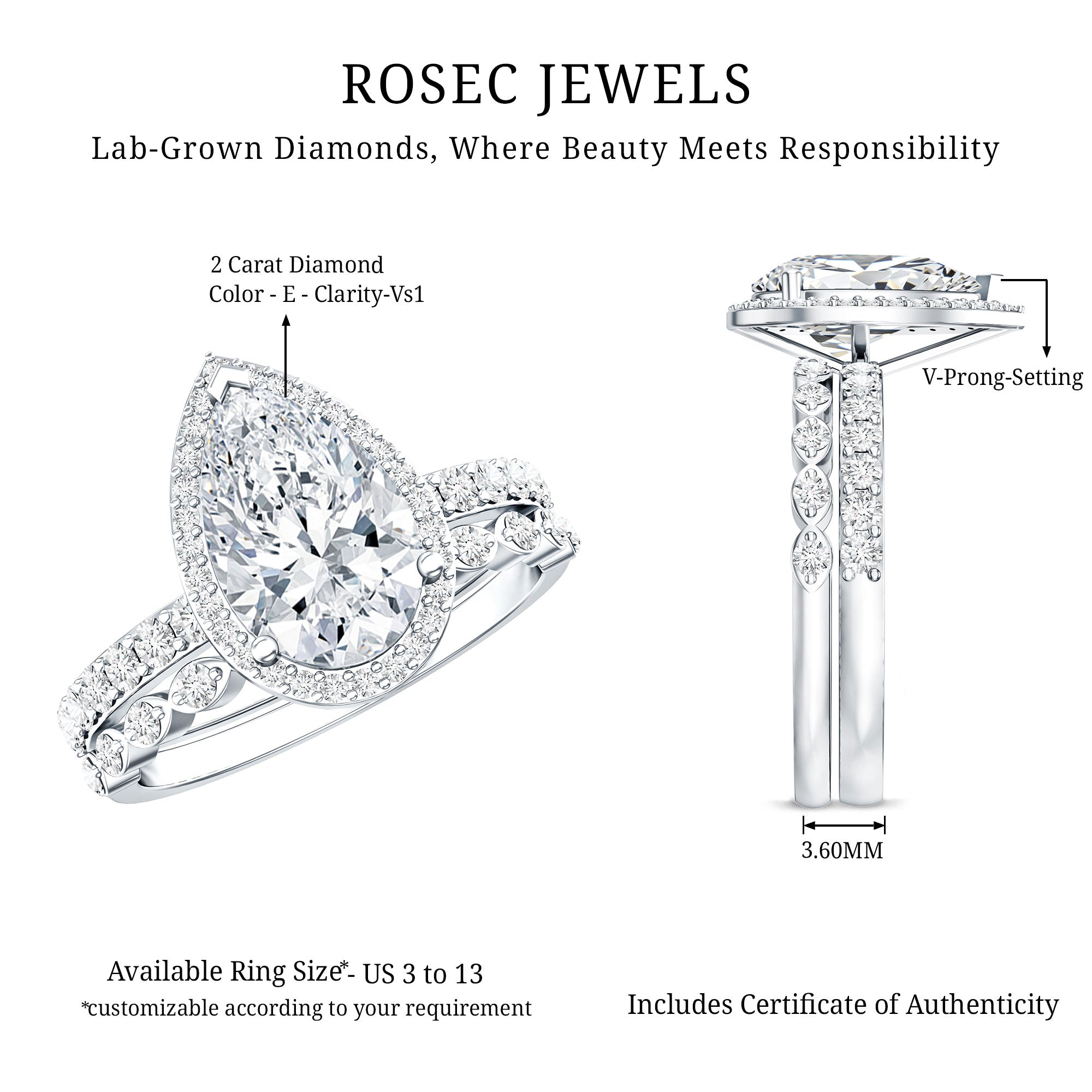 Rosec Jewels-2 Carat Lab Grown Diamond Teardrop Wedding Ring Set with IGI Certificate