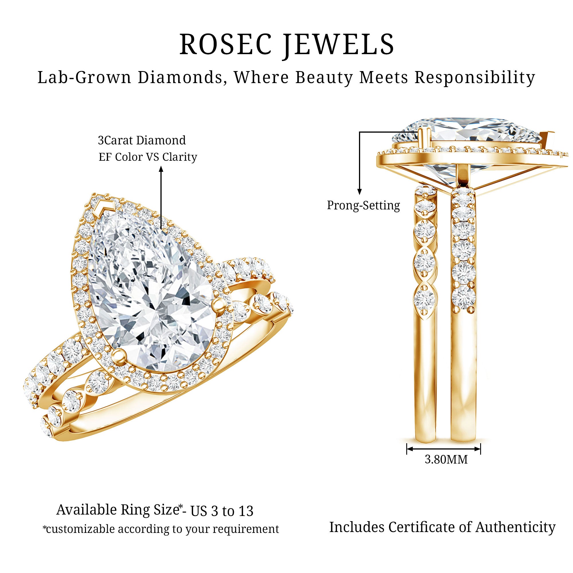 IGI Certified 3 Carat Lab Grown Diamond Teardrop Wedding Ring Set with Halo Lab - ( E-VS1 ) - Rosec Jewels