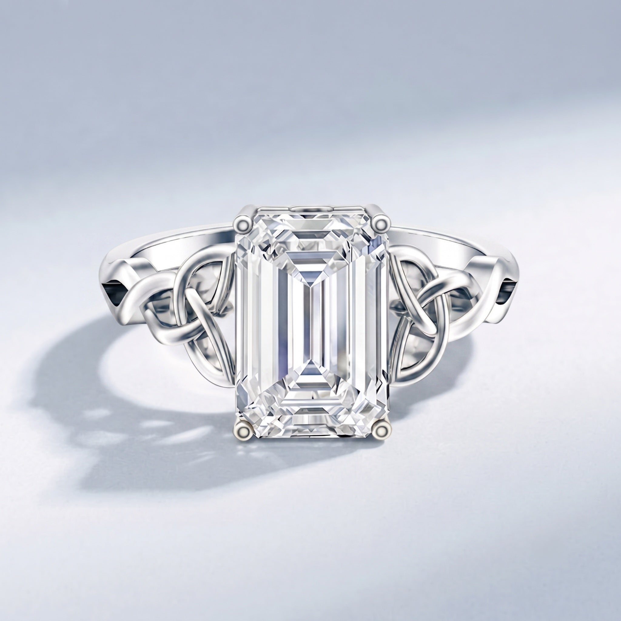 IGI Certified 4 Carat Emerald Cut Lab Grown Diamond Engagement Ring with Celtic Knot Lab - ( E-VS1 ) - Rosec Jewels
