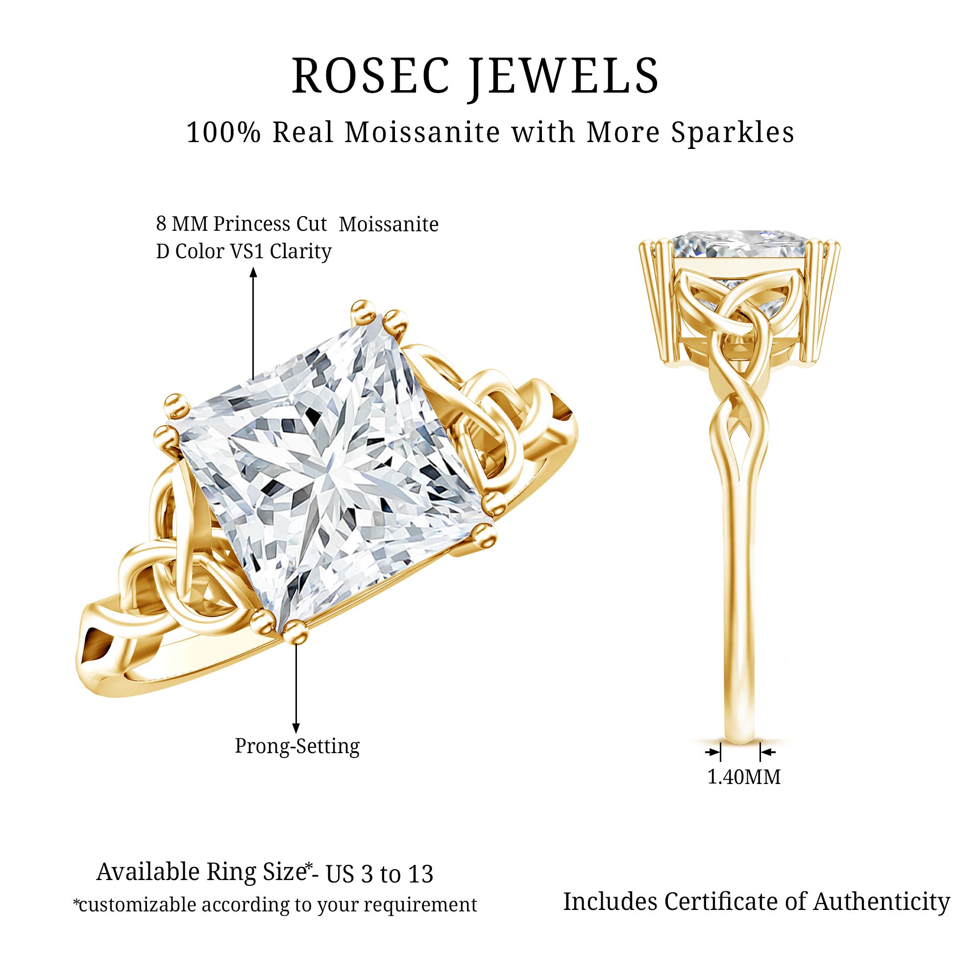 Rosec Jewels-Solitaire 4 Carat Princess Cut Lab Grown Diamond Knot Engagement Ring IGI Certified