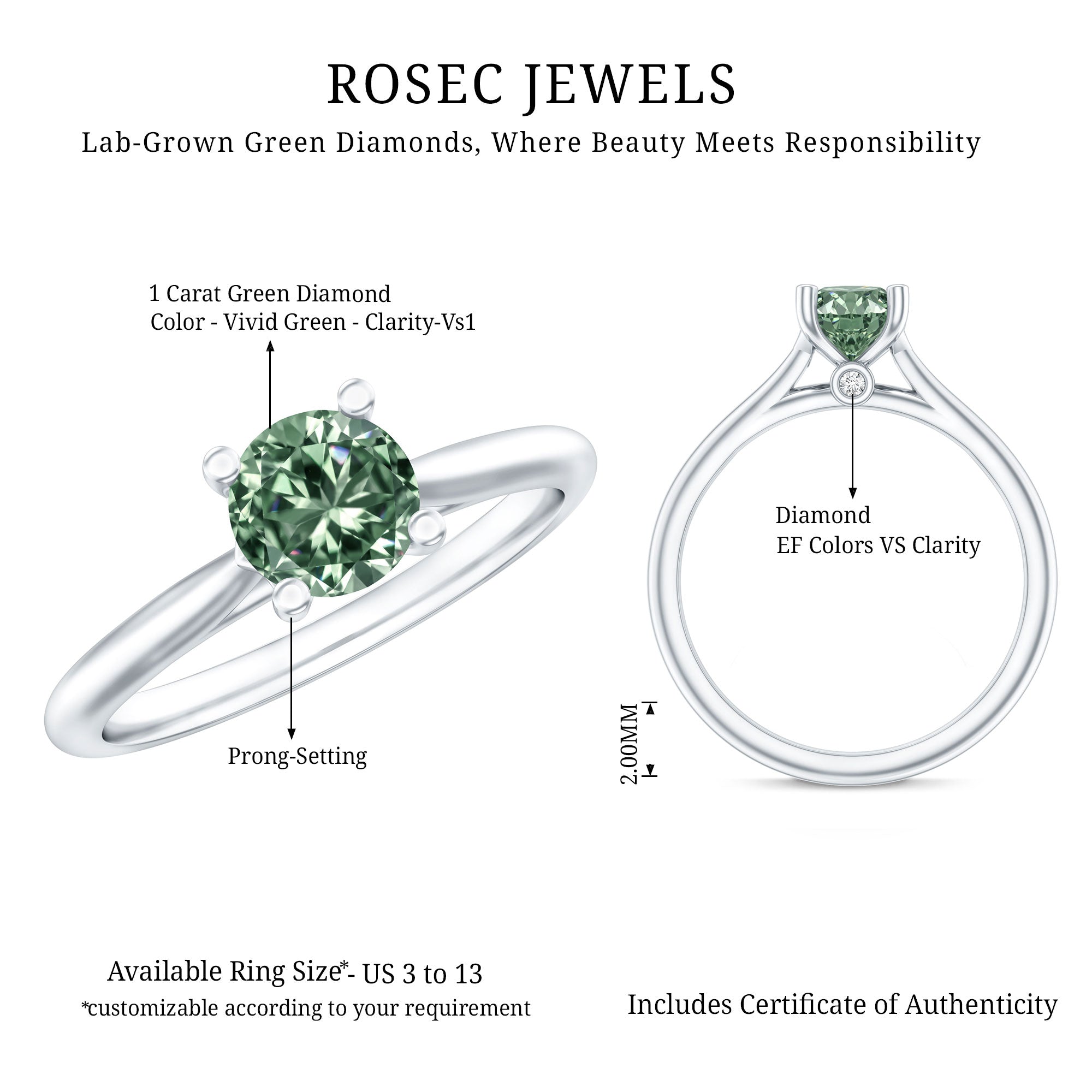 Rosec Jewels-IGI Certified Lab Grown Green Diamond 1 Carat Solitaire Ring for Women