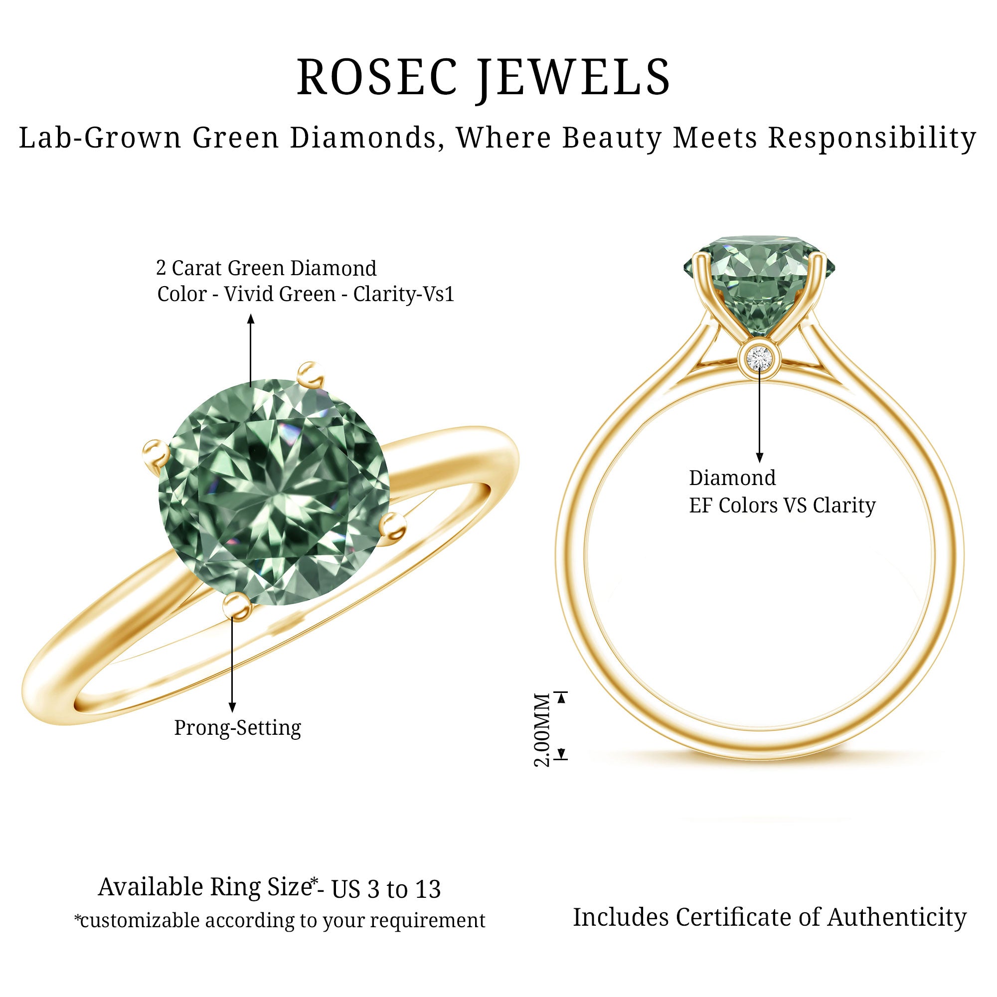 Rosec Jewels-Solitaire 2 Carat Engagement Ring with IGI Certified Lab Grown Green Diamond