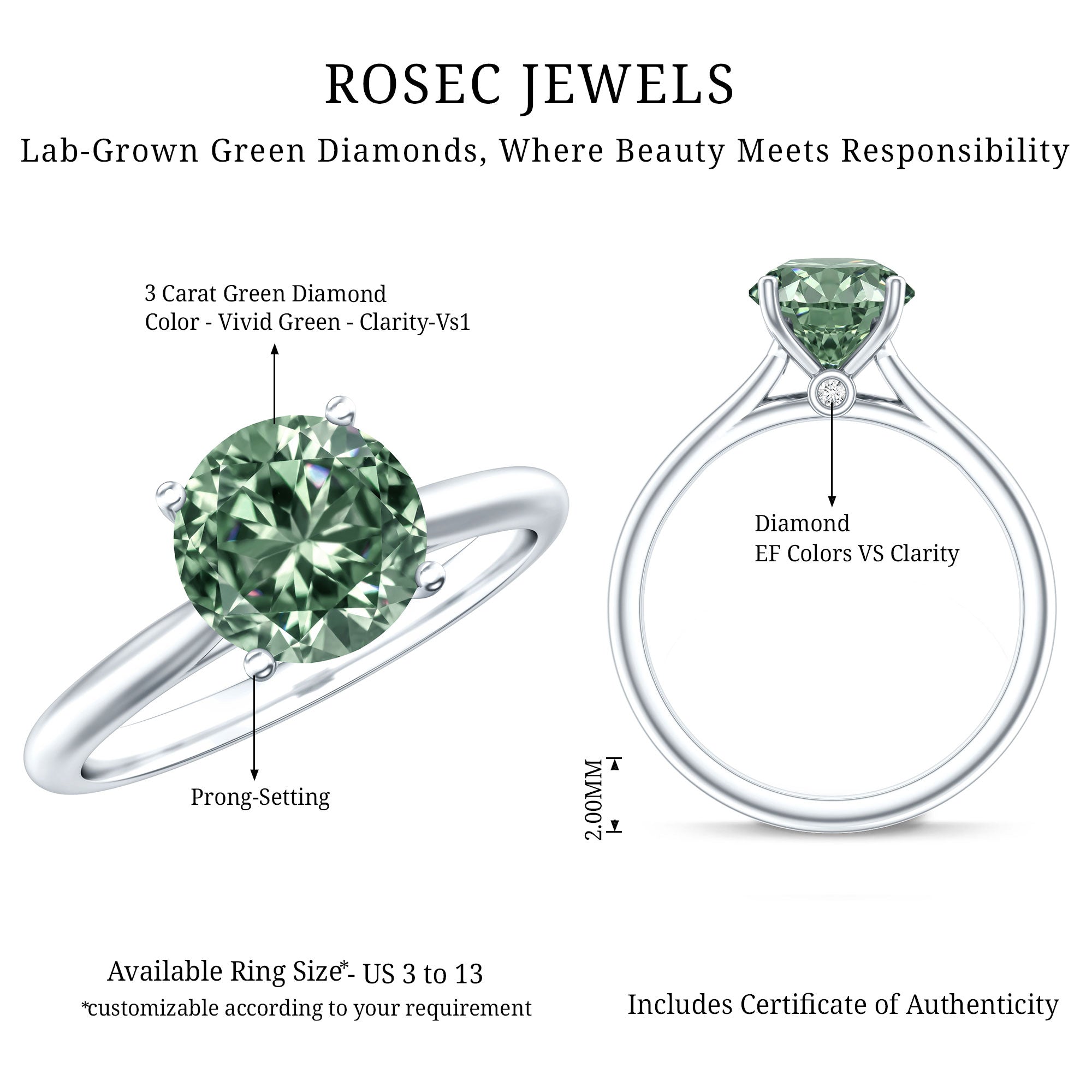 Rosec Jewels-3 Carat Lab Grown Green Diamond Engagement Ring with IGI Certificate