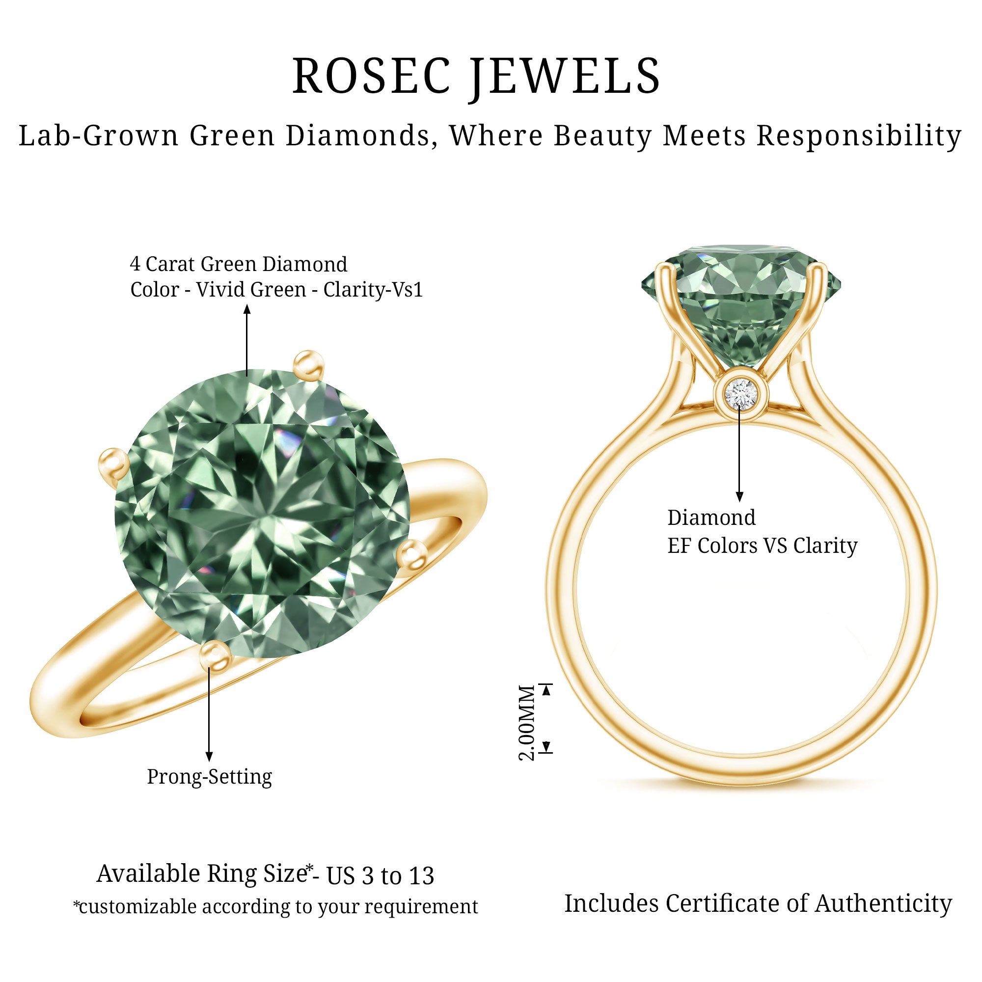 Rosec Jewels-IGI Certified Lab Green Diamond Big Engagement Ring 5 Carat