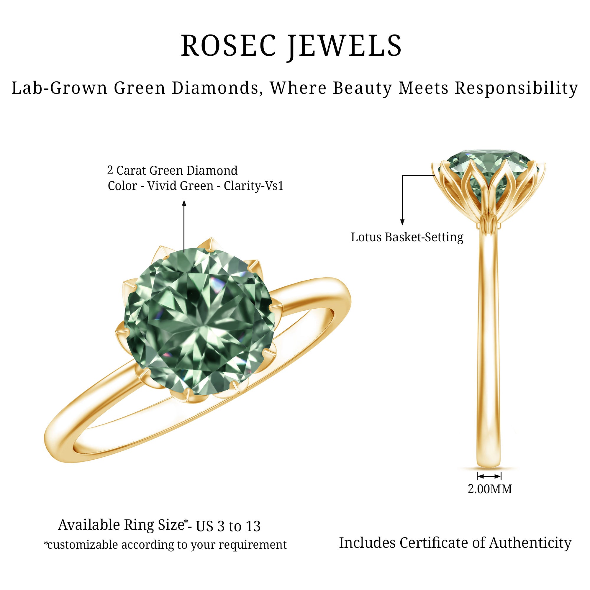 Rosec Jewels-Lotus Basket Set 2 Carat Lab Grown Green Diamond Engagement Ring IGI Certified