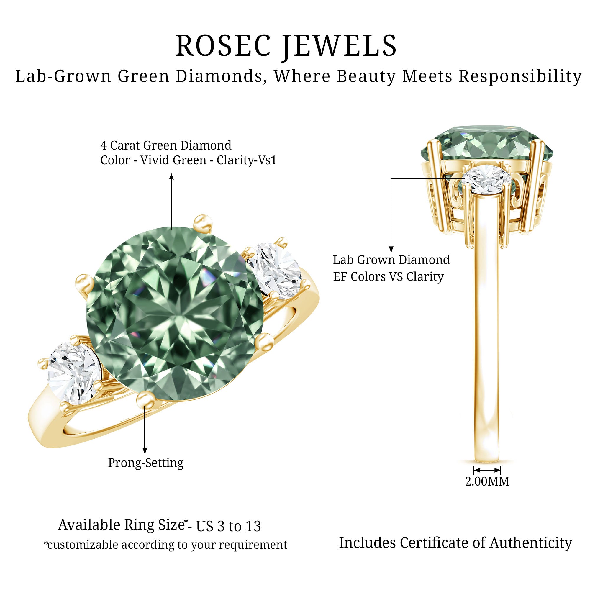 IGI Certified Lab Grown Green and White Diamond Triple Stone Engagement Ring 4 Carat Vivid Green - VS1 - Rosec Jewels