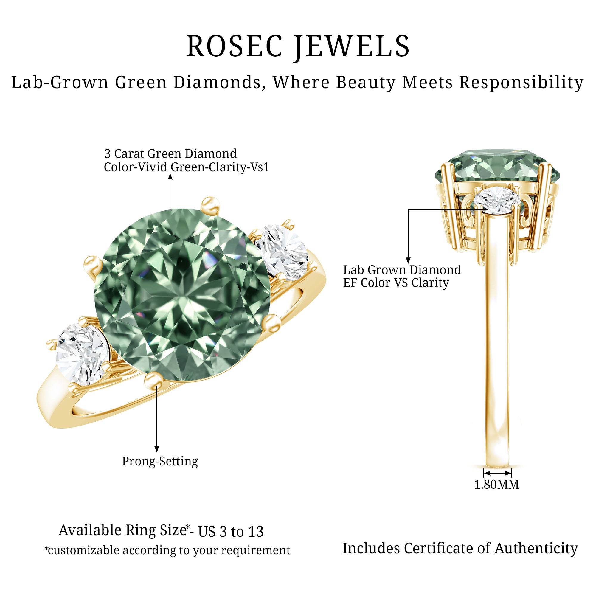 Rosec Jewels-IGI Certified 3 Carat Lab Grown Green Diamond Triple Stone Engagement Ring