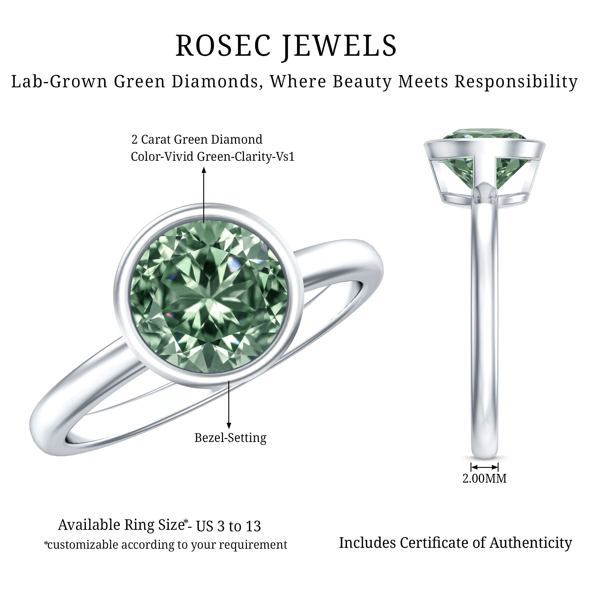 Bezel Set 2 Carat Lab Grown Green Diamond Round Engagement Ring IGI Certified Vivid Green - VS1 - Rosec Jewels