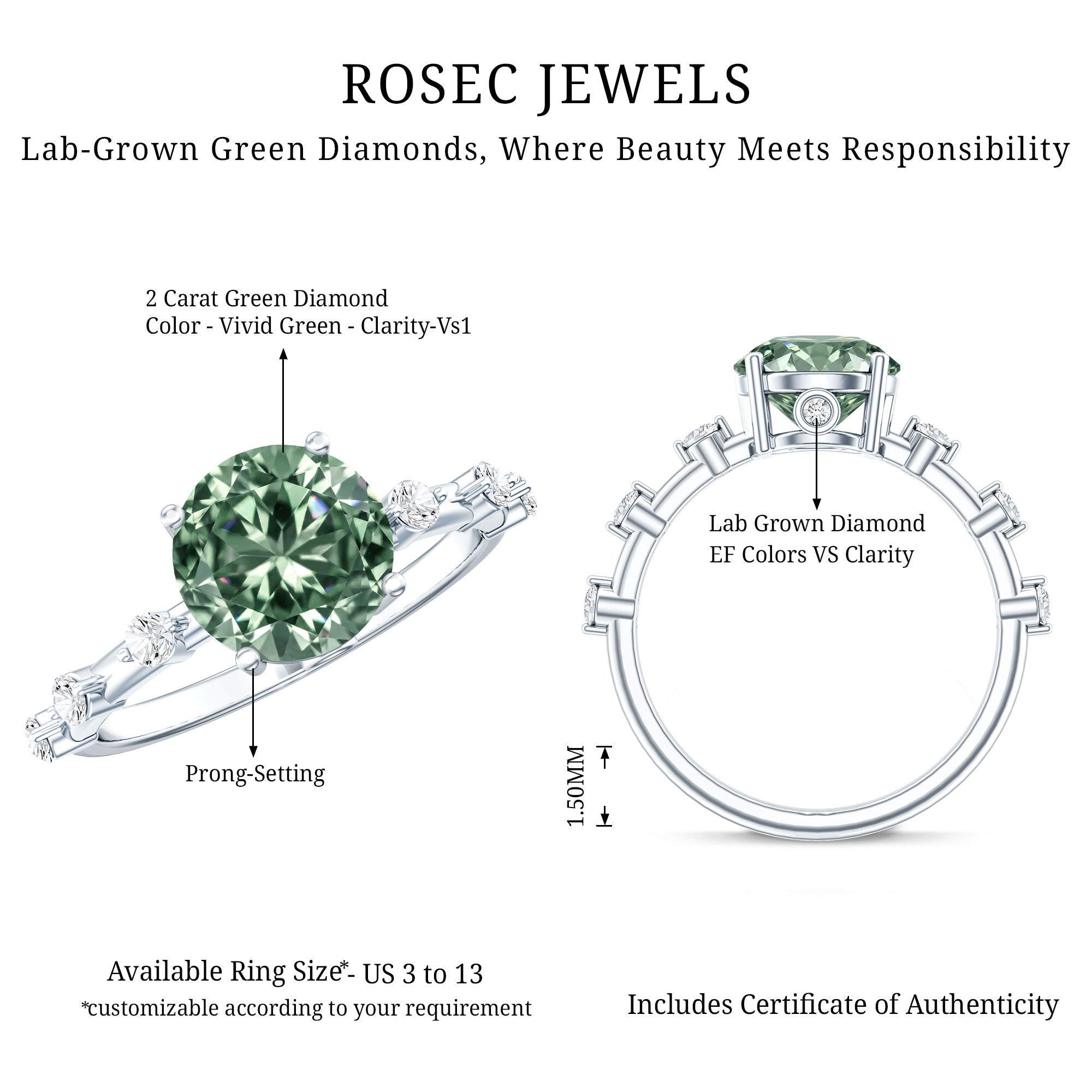 Lab Grown 2 Carat Green Diamond Engagement Ring with IGI Certificate Vivid Green - VS1 - Rosec Jewels