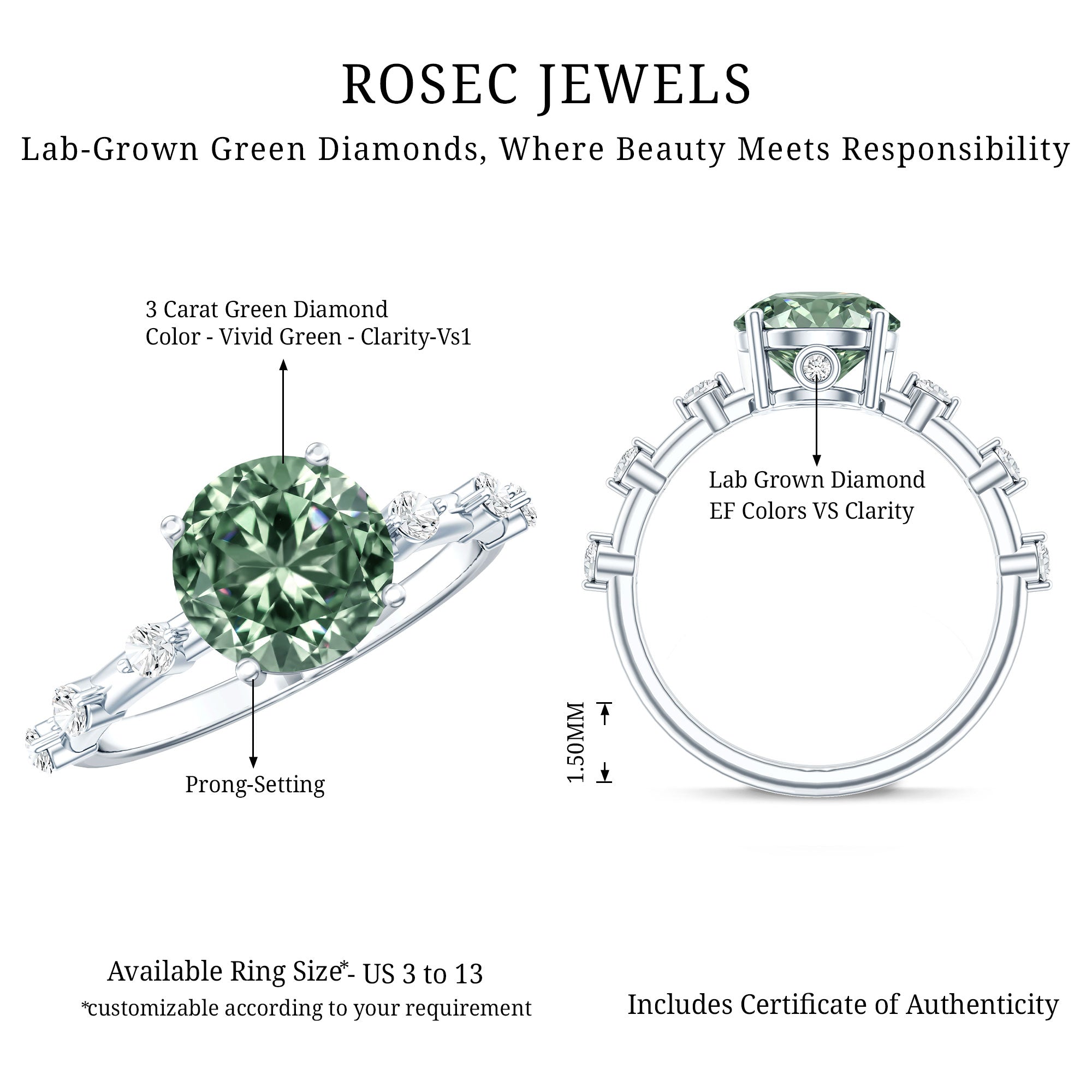 Rosec Jewels-Lab Grown 3 Carat Green Diamond Engagement Ring with IGI Certificate